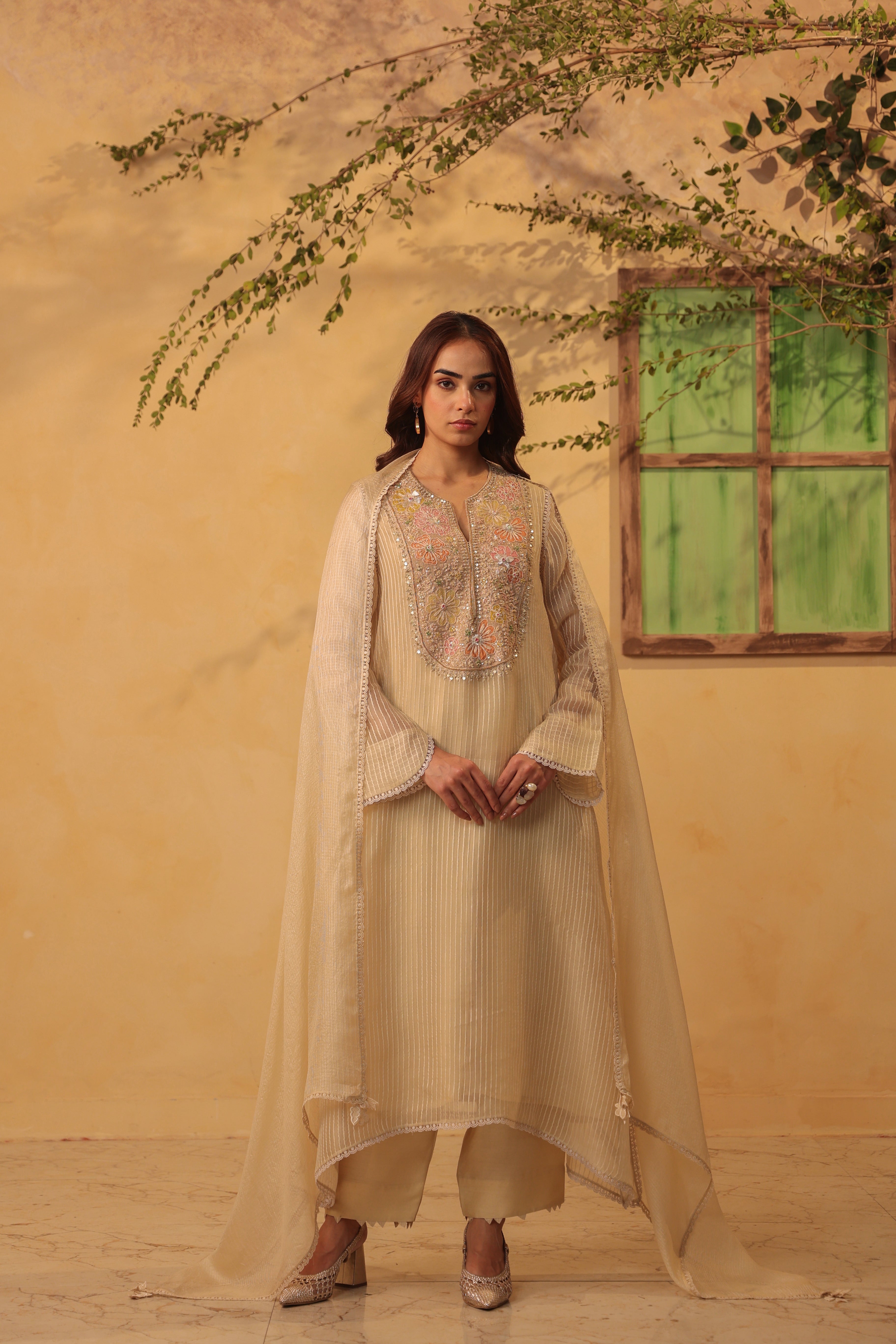 Vaayu Beige Applique Yoke Kurta Set
