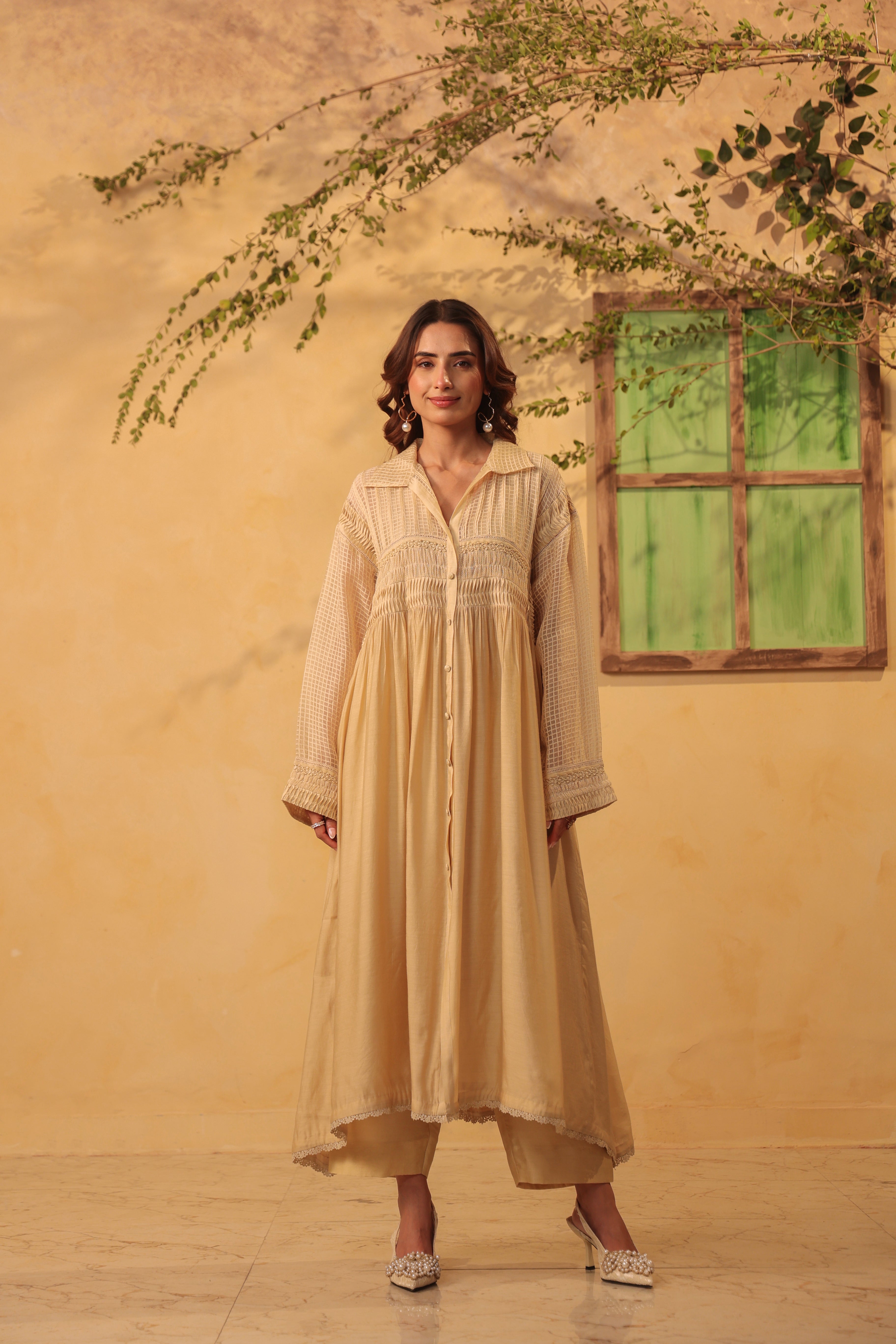 Vaayu Beige Pintuck Collar Kurta Set