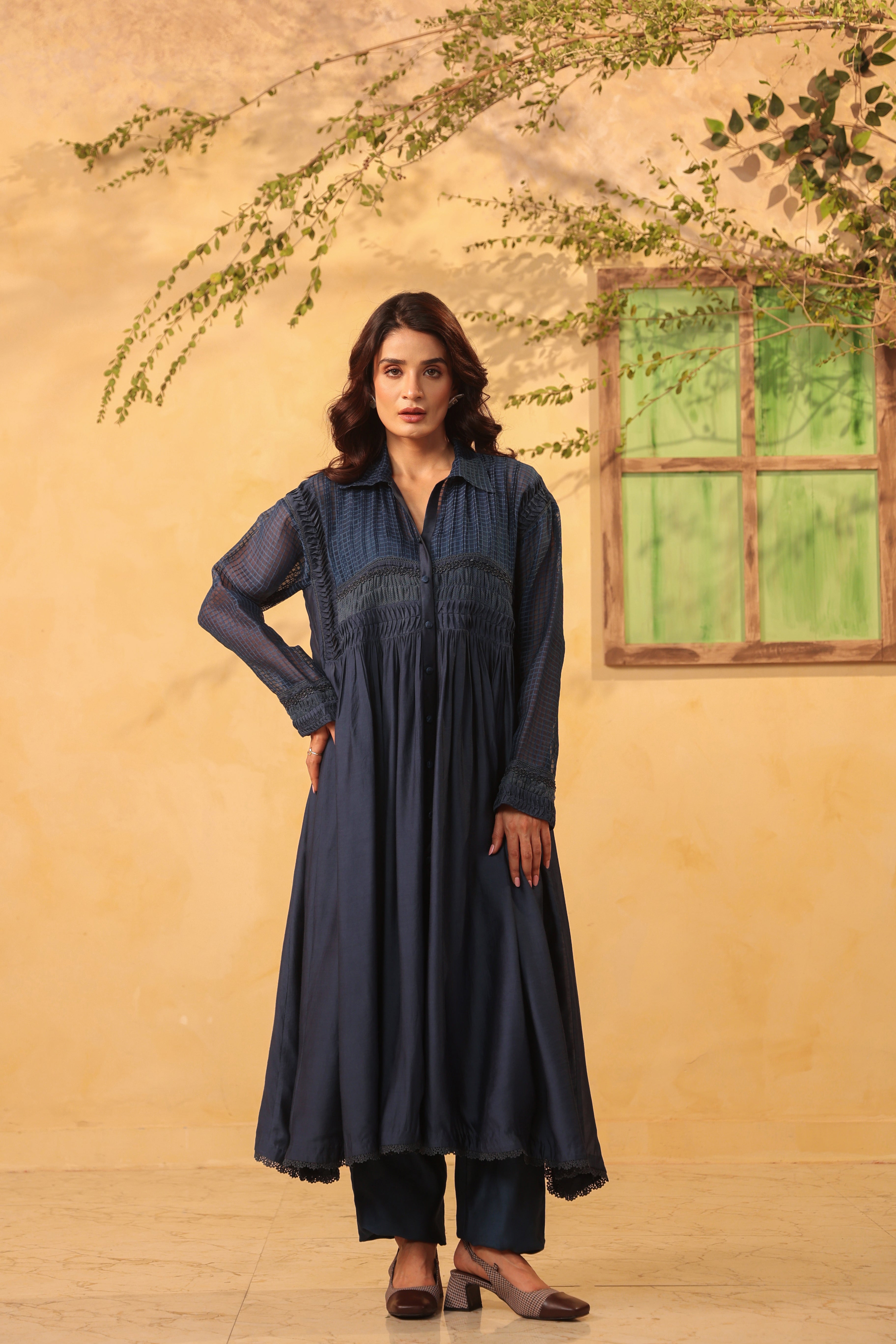 Vaayu Dark Blue Pintuck Collar Kurta Set
