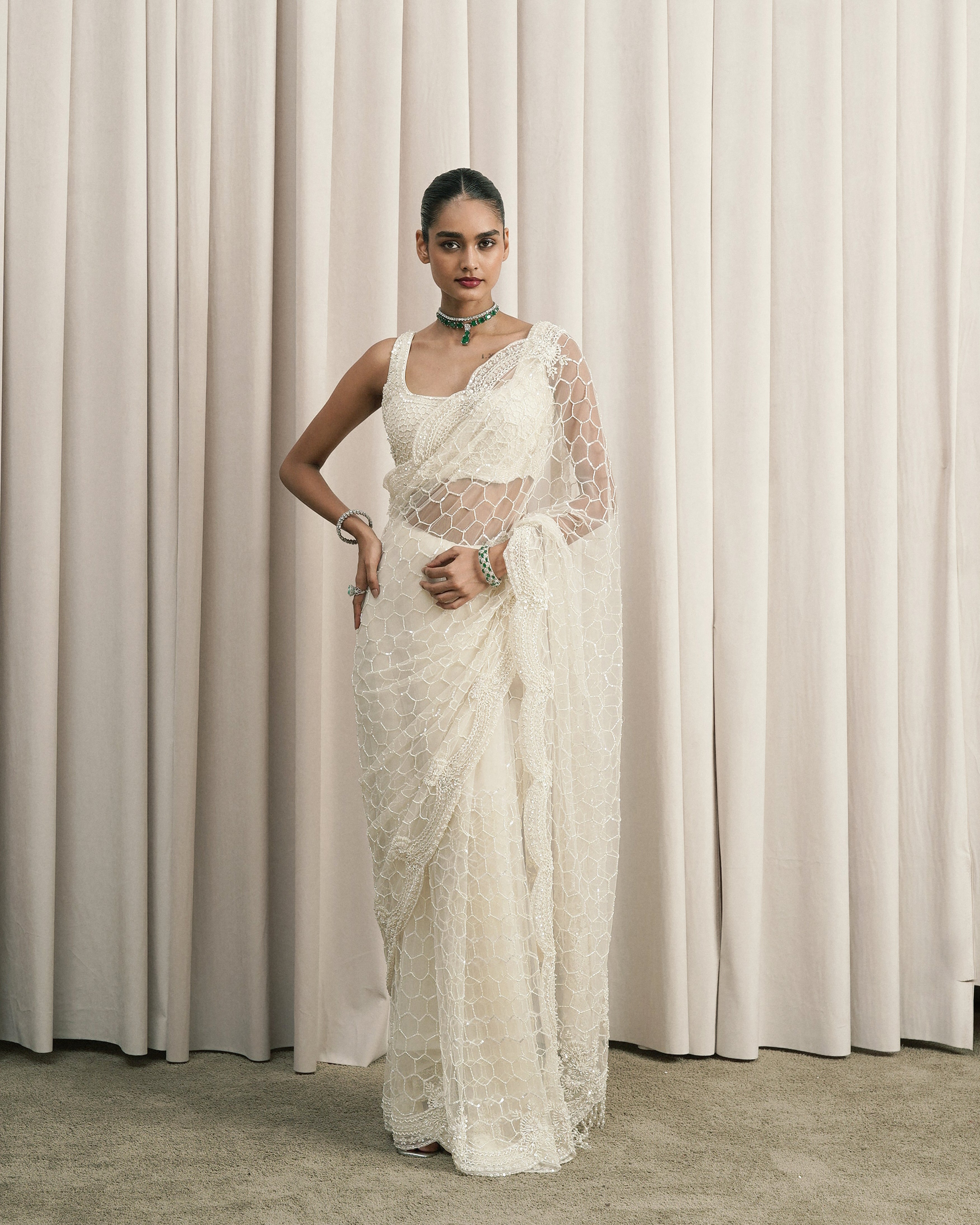 Ivory Embroidered Net Saree With Blouse