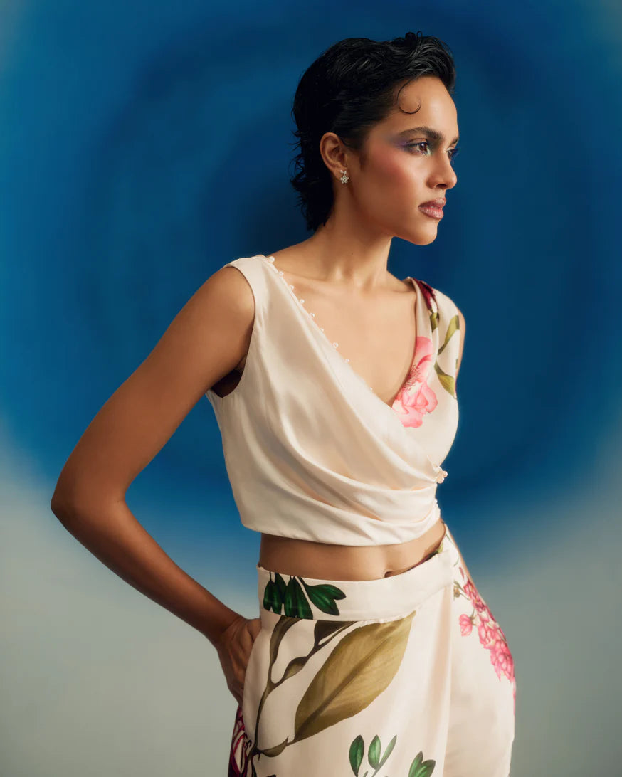Drape Satin Top W/ Pearls