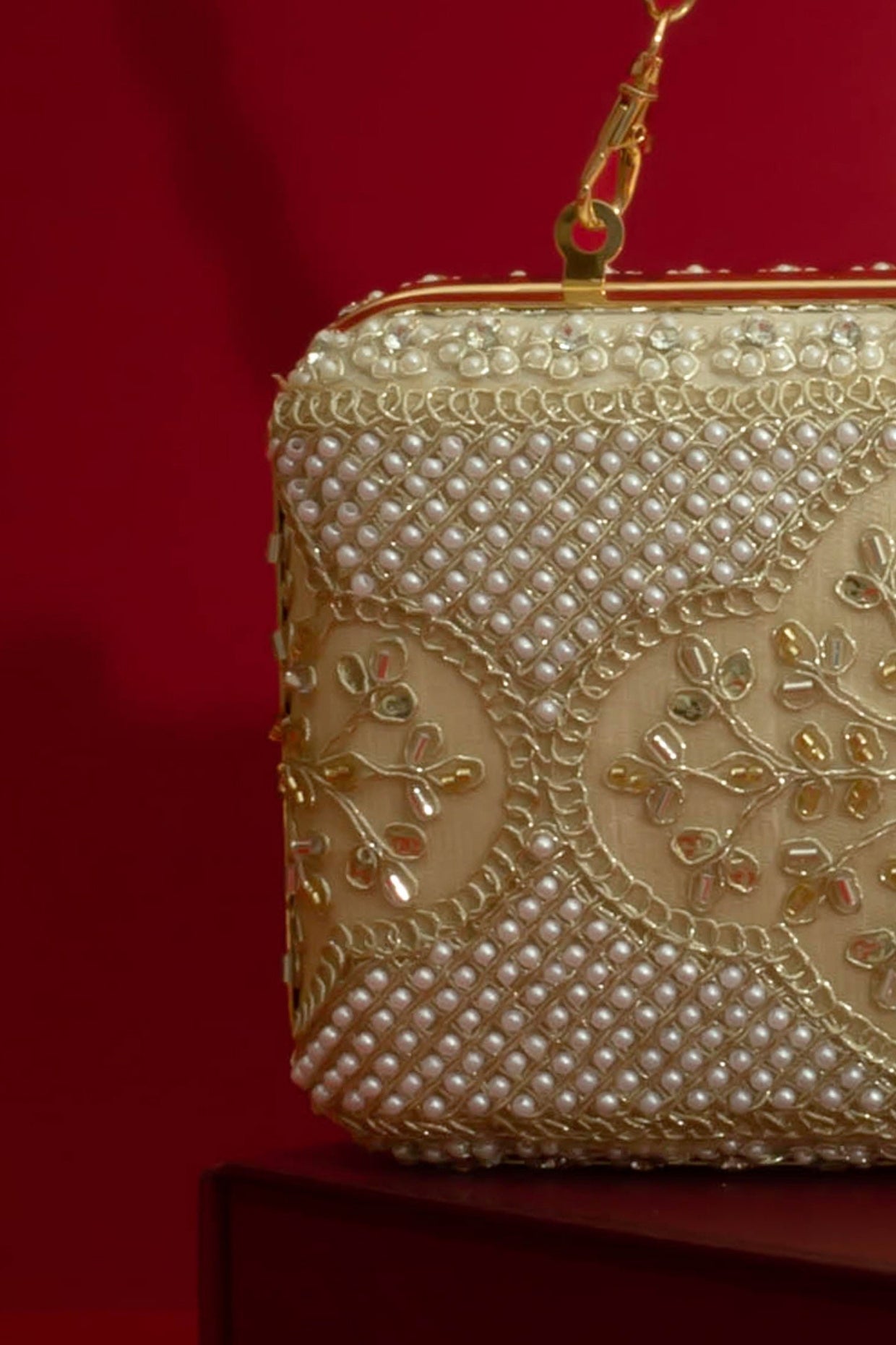 Sehra Pearl Embroidered Clutch - Beige