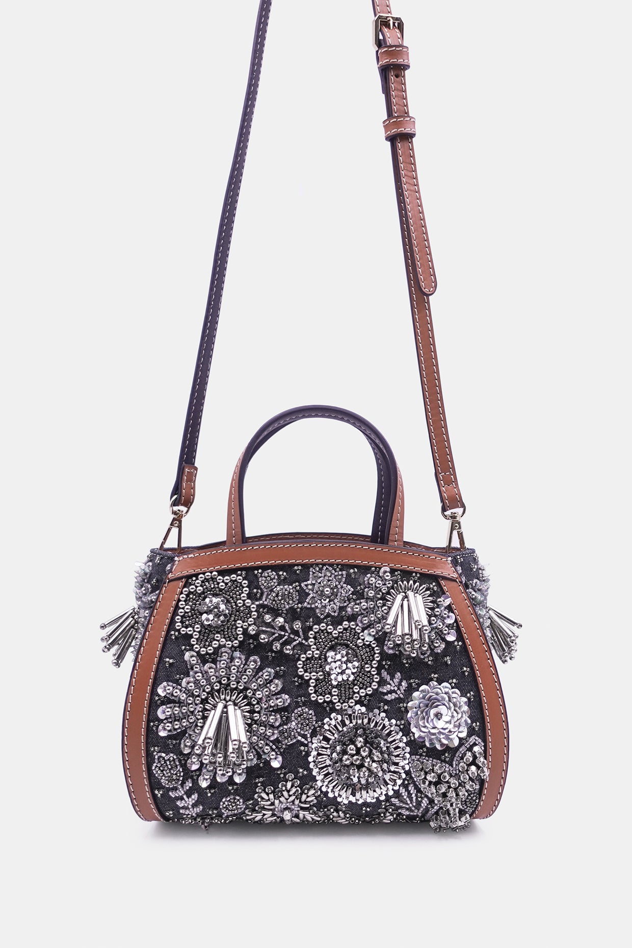 Silver Embroidered Bead-embellished Clutch Bag