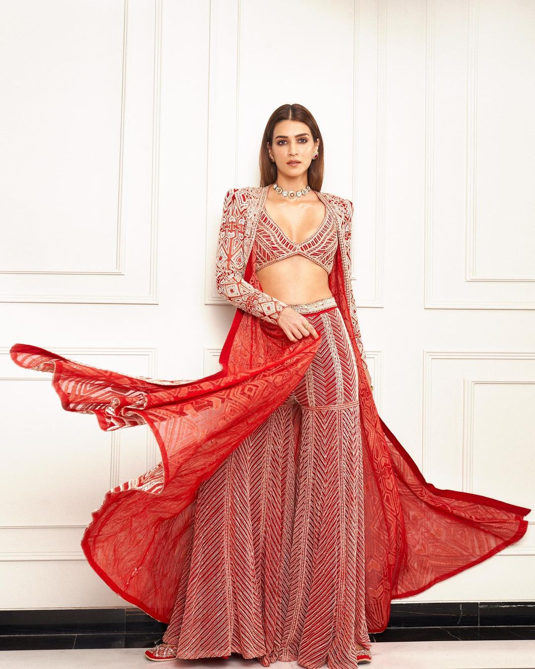 Anfisa Red Sharara Set With Long Jacket And Heavy Chevron Sharara