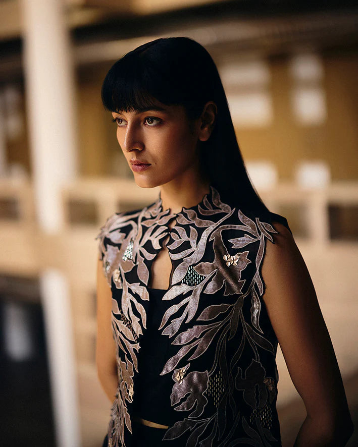 Black Foliage Organza Jacket With Organza Skirt Set