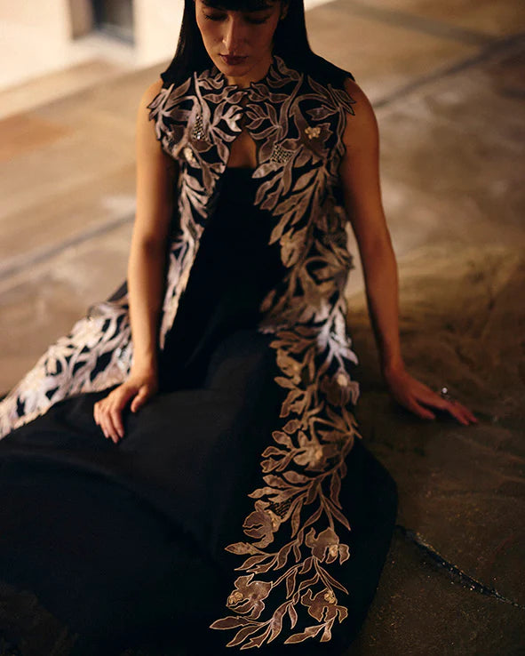 Black Foliage Organza Jacket With Organza Skirt Set