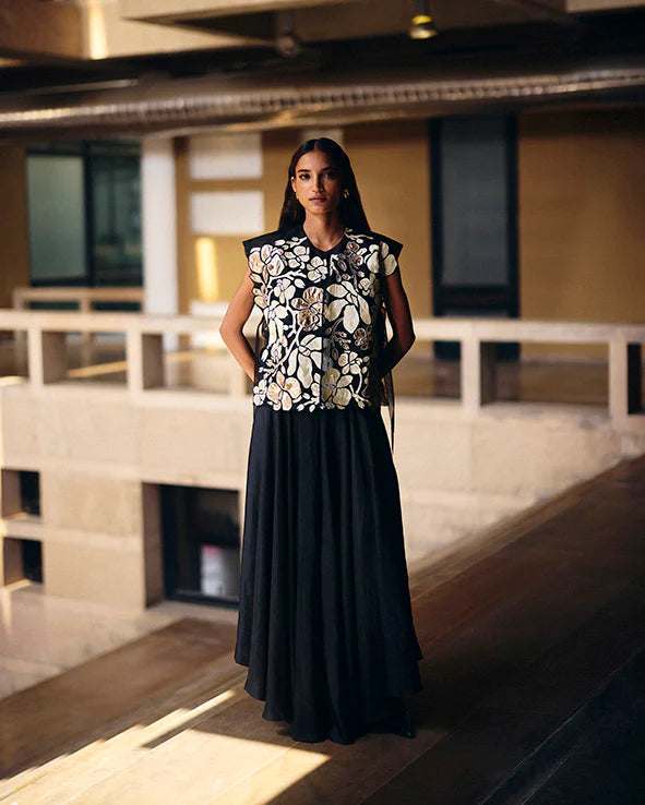 Black Florette Tie-up Cape With Asymmetric Pants Set