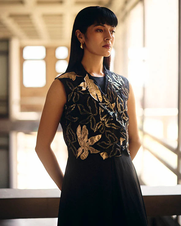Black Magnolia Organza Short Jacket With Asymmetric Jumpsuit