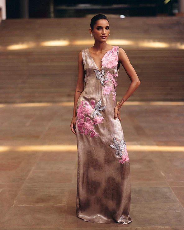 Copper Shimmer Pink Jacquard Applique Dress