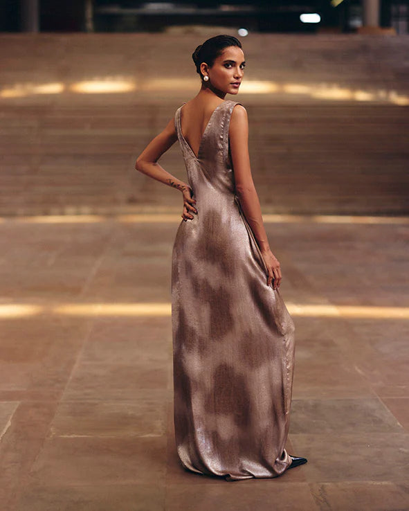 Copper Shimmer Pink Jacquard Applique Dress