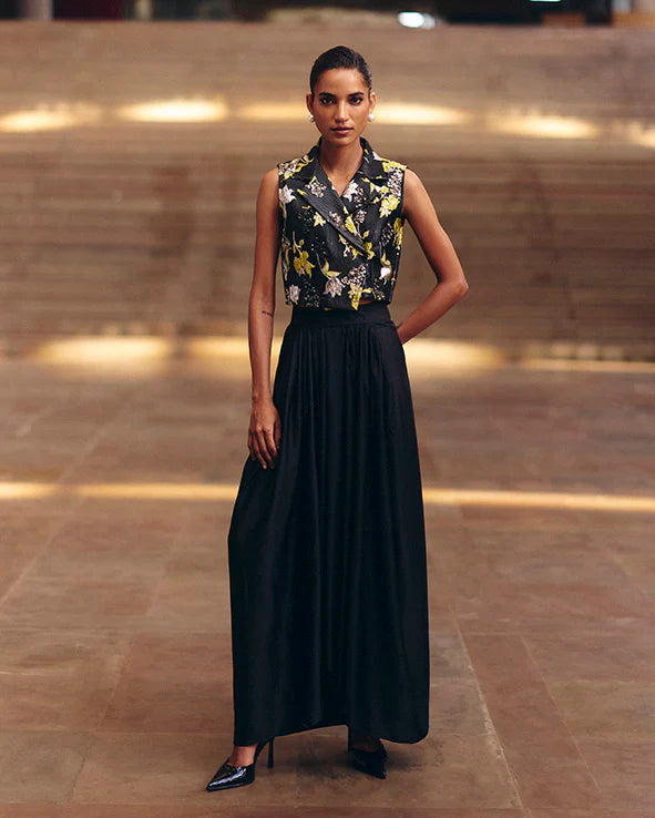 Black Beaded Jacquard Crop Jacket With Skirt