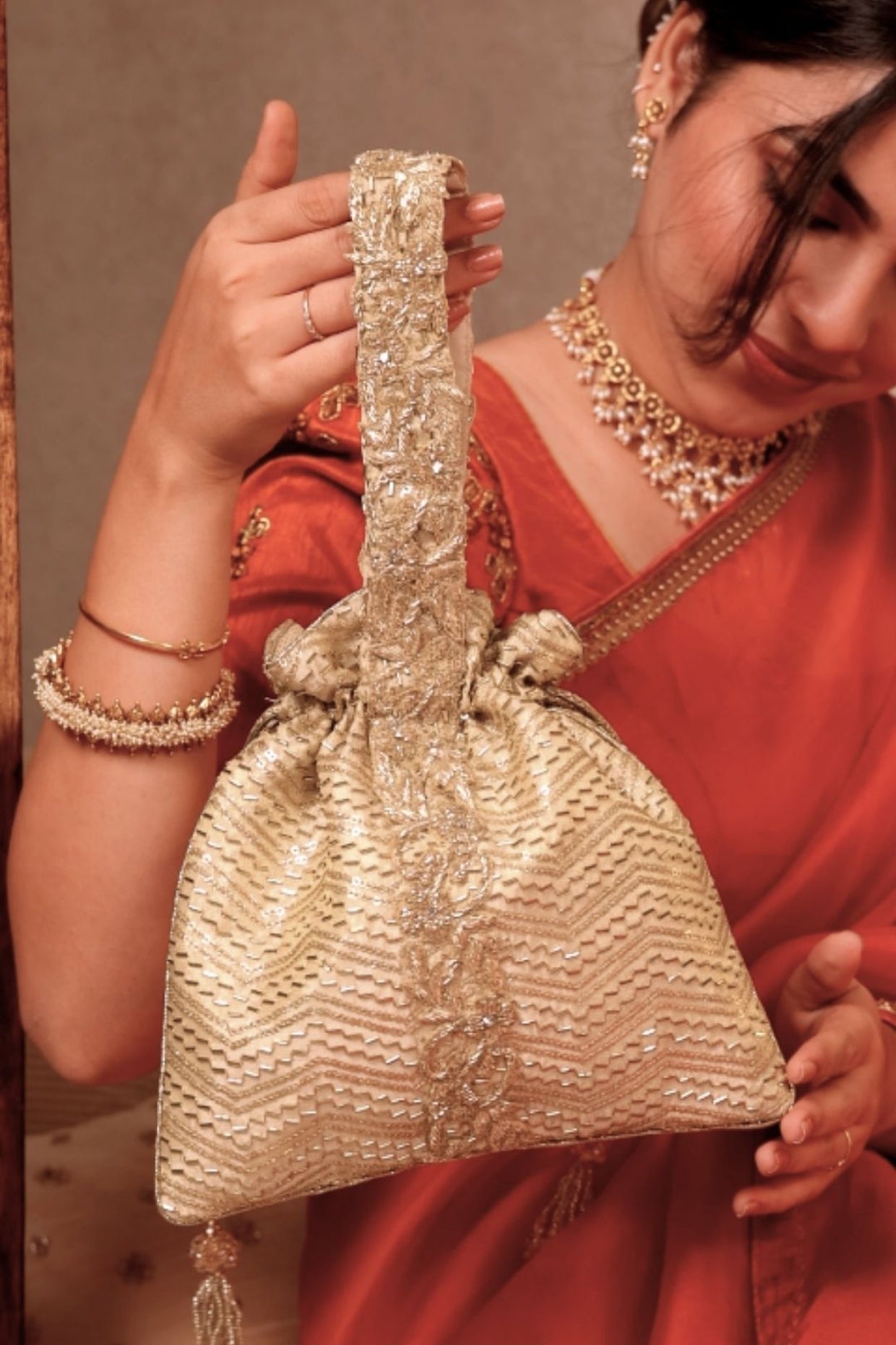 Sunehri Embroidered Top Handle Potli - Gold