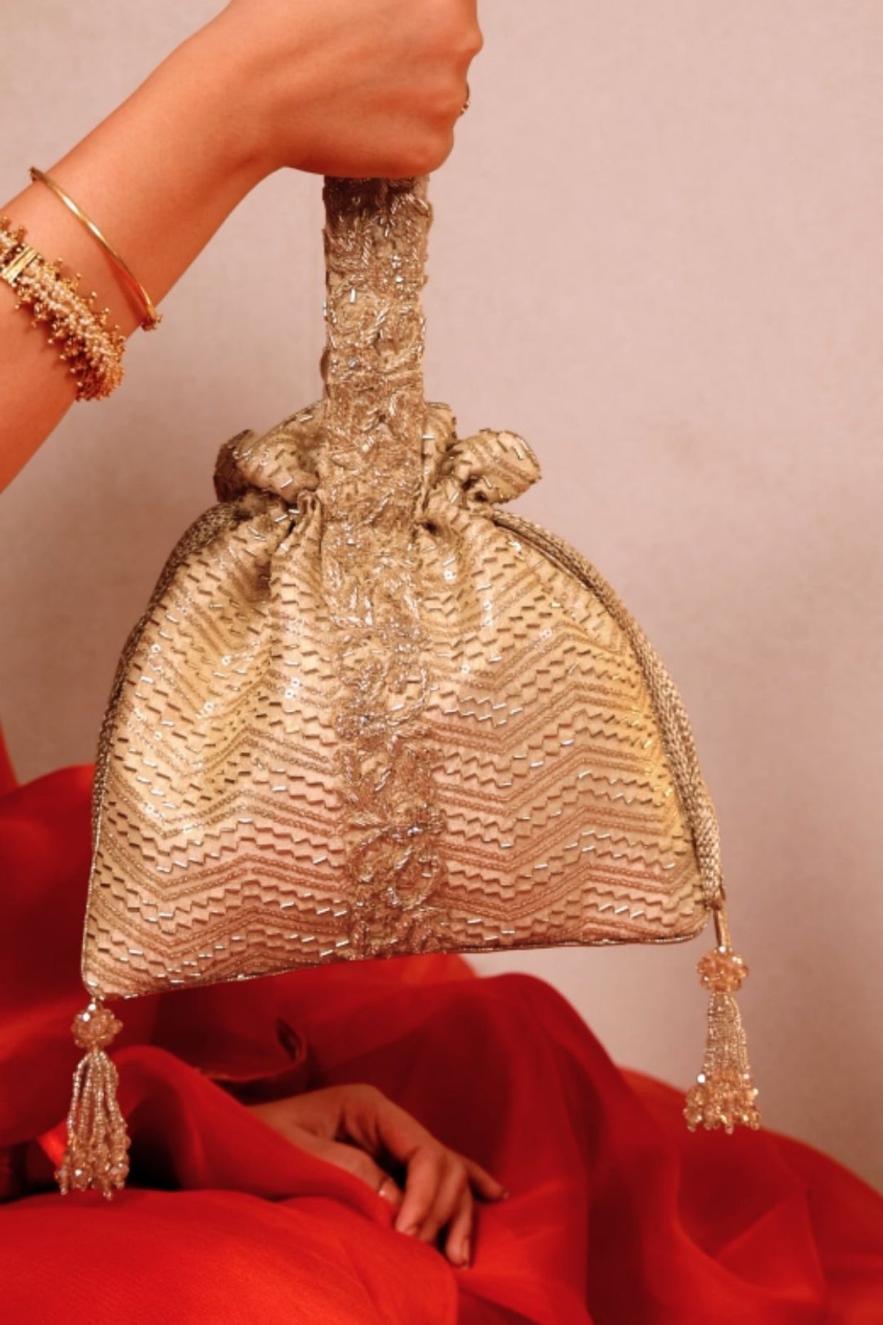 Sunehri Embroidered Top Handle Potli - Gold