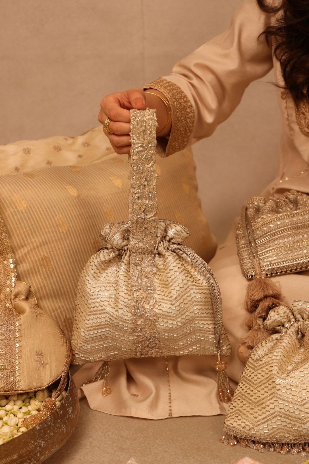 Sunehri Embroidered Top Handle Potli - Gold