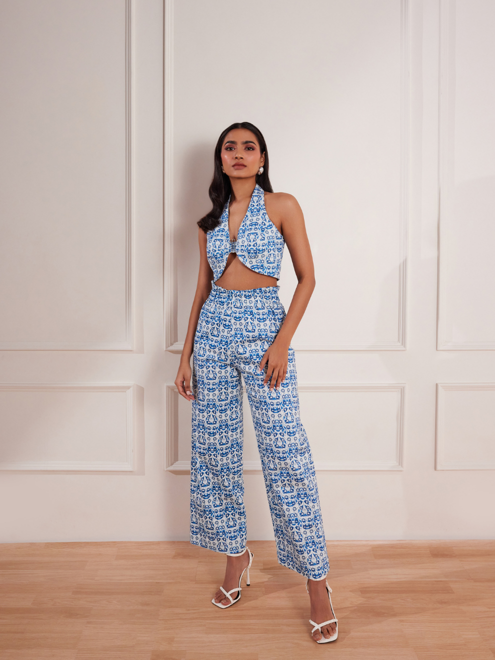 Denim Abstract Print Paper Bag Pant