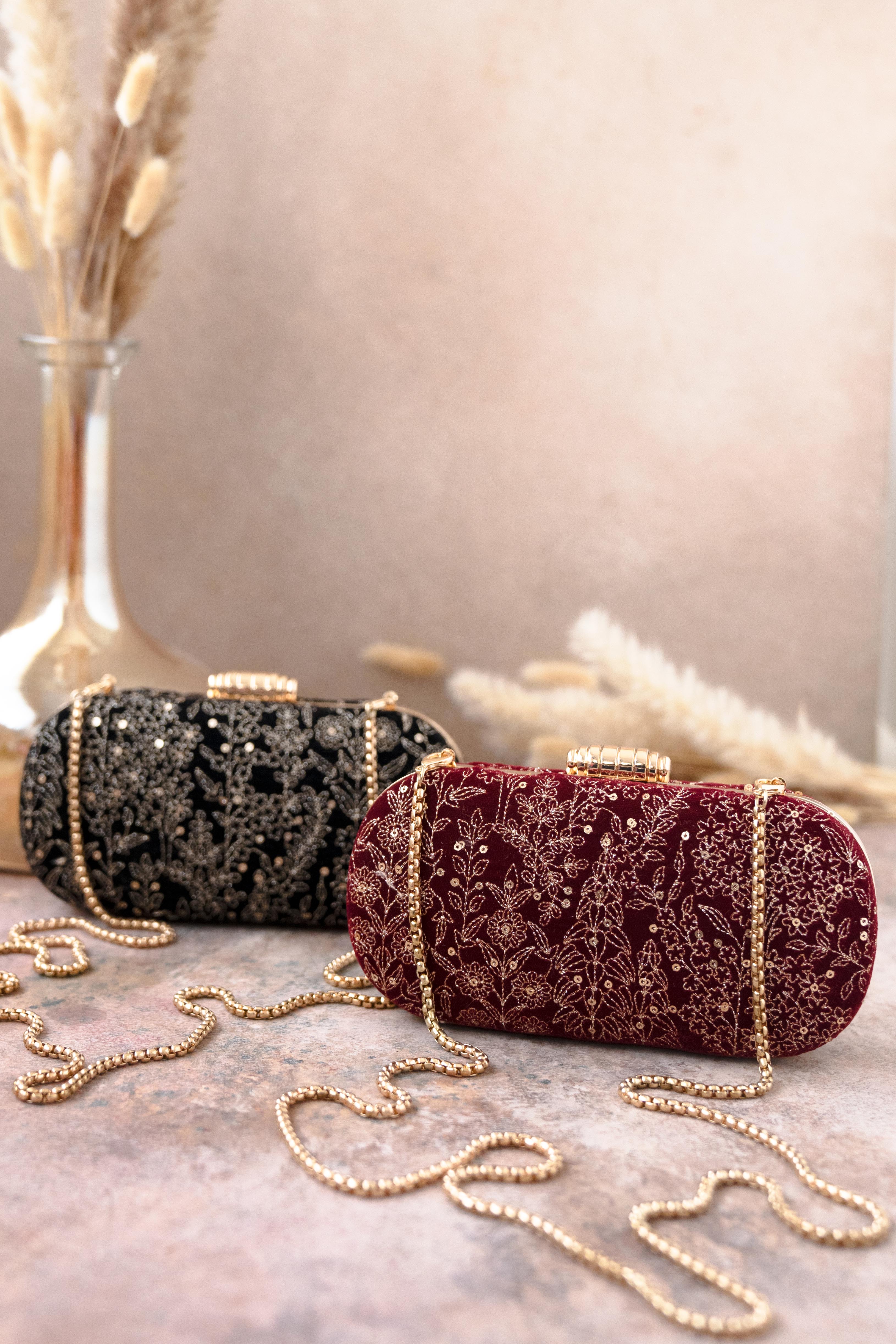 Thea Velvet Embroidered Clutch Black