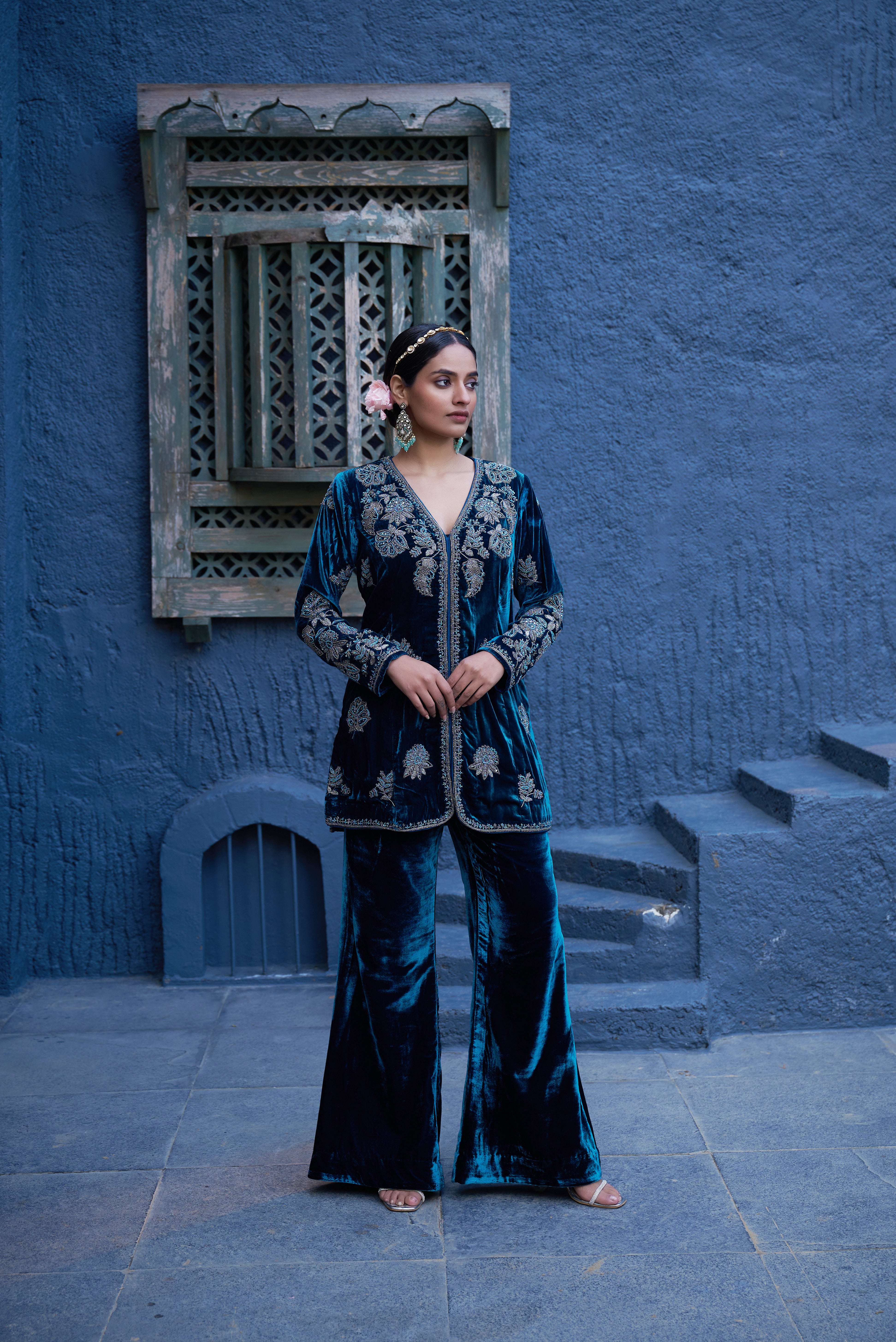 Velvet Embroidered Top And Pants