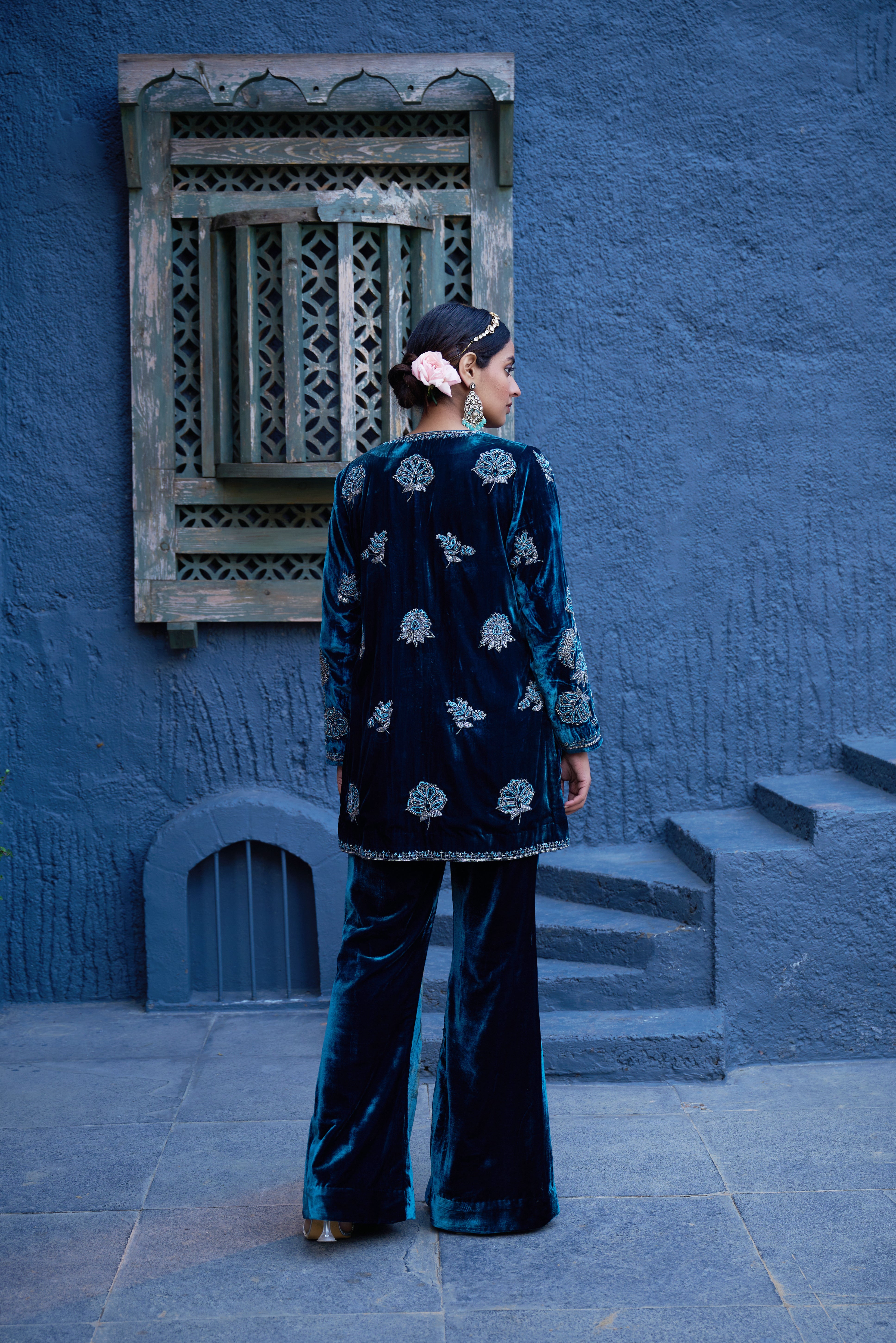 Velvet Embroidered Top And Pants