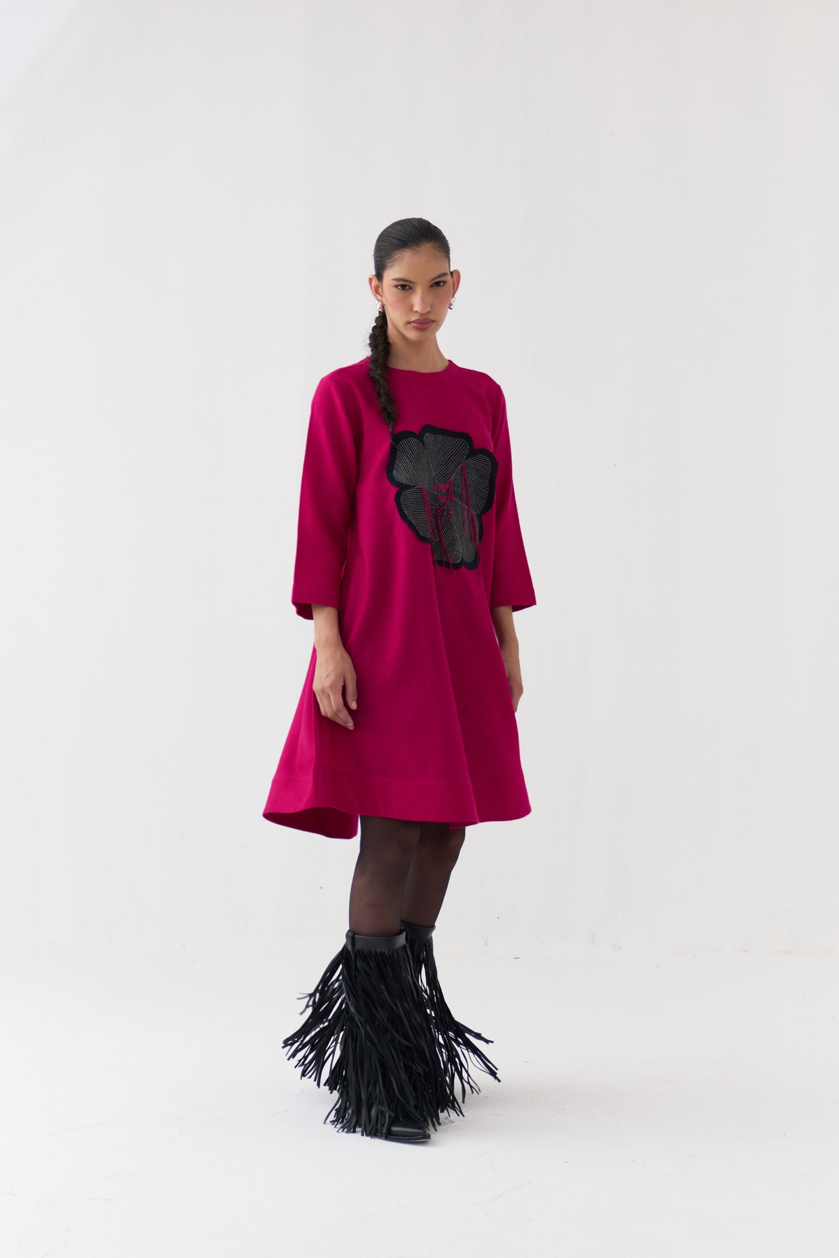 Floral Applique Woollen Dress