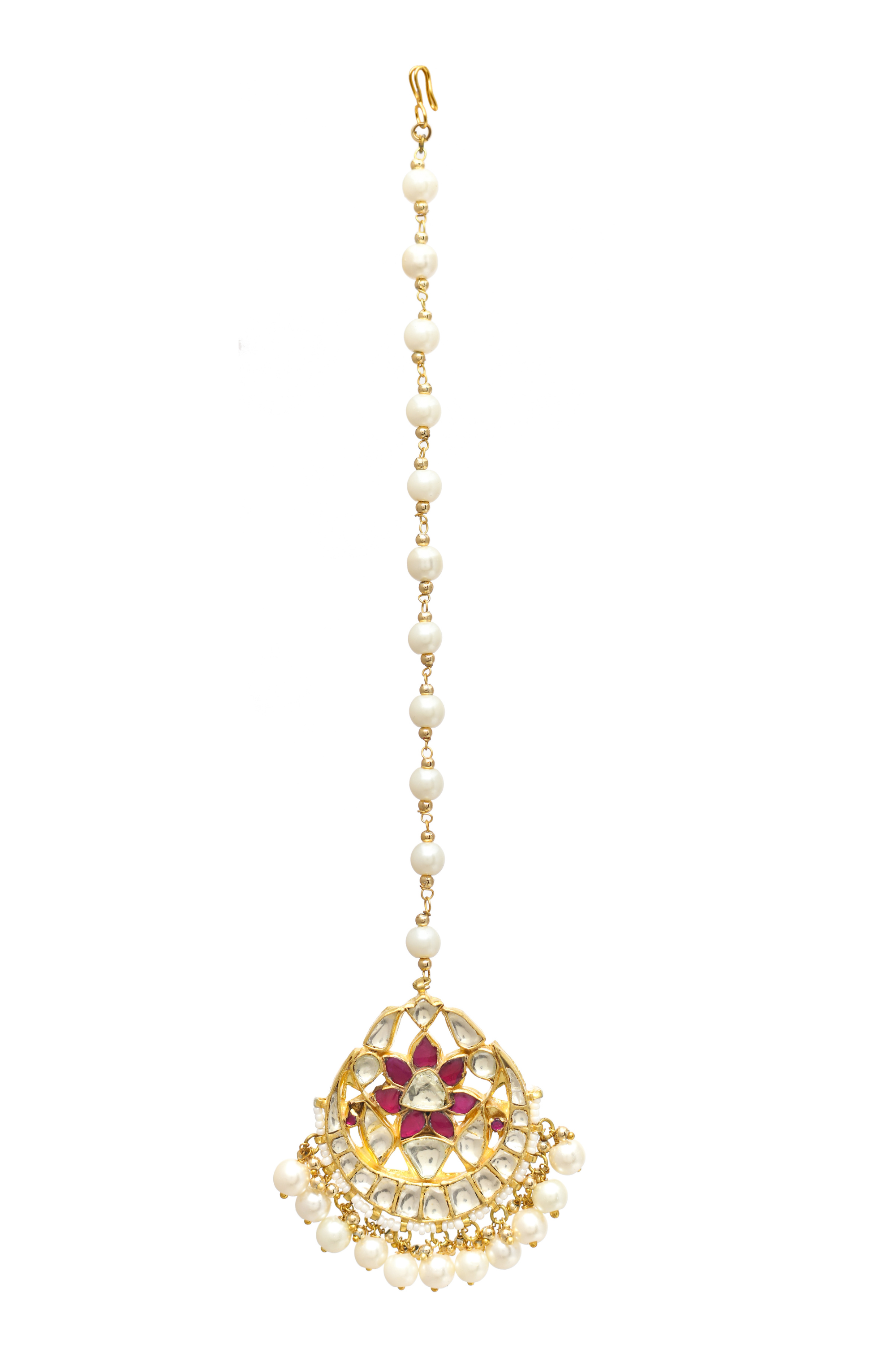 Ruby Gold Finish Jadau Tika With Pearls