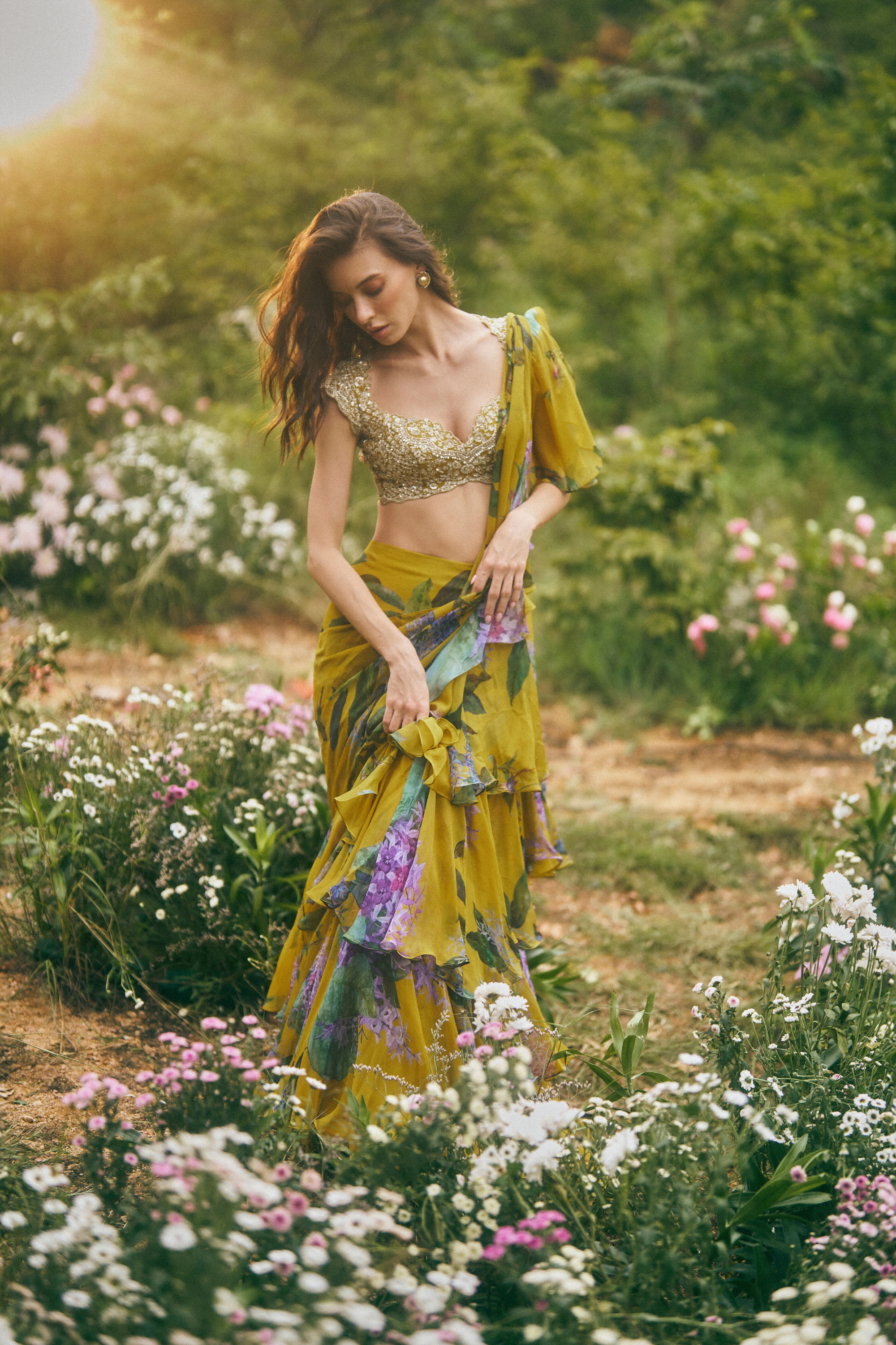 Akhila Printed Ruffle Saree Set