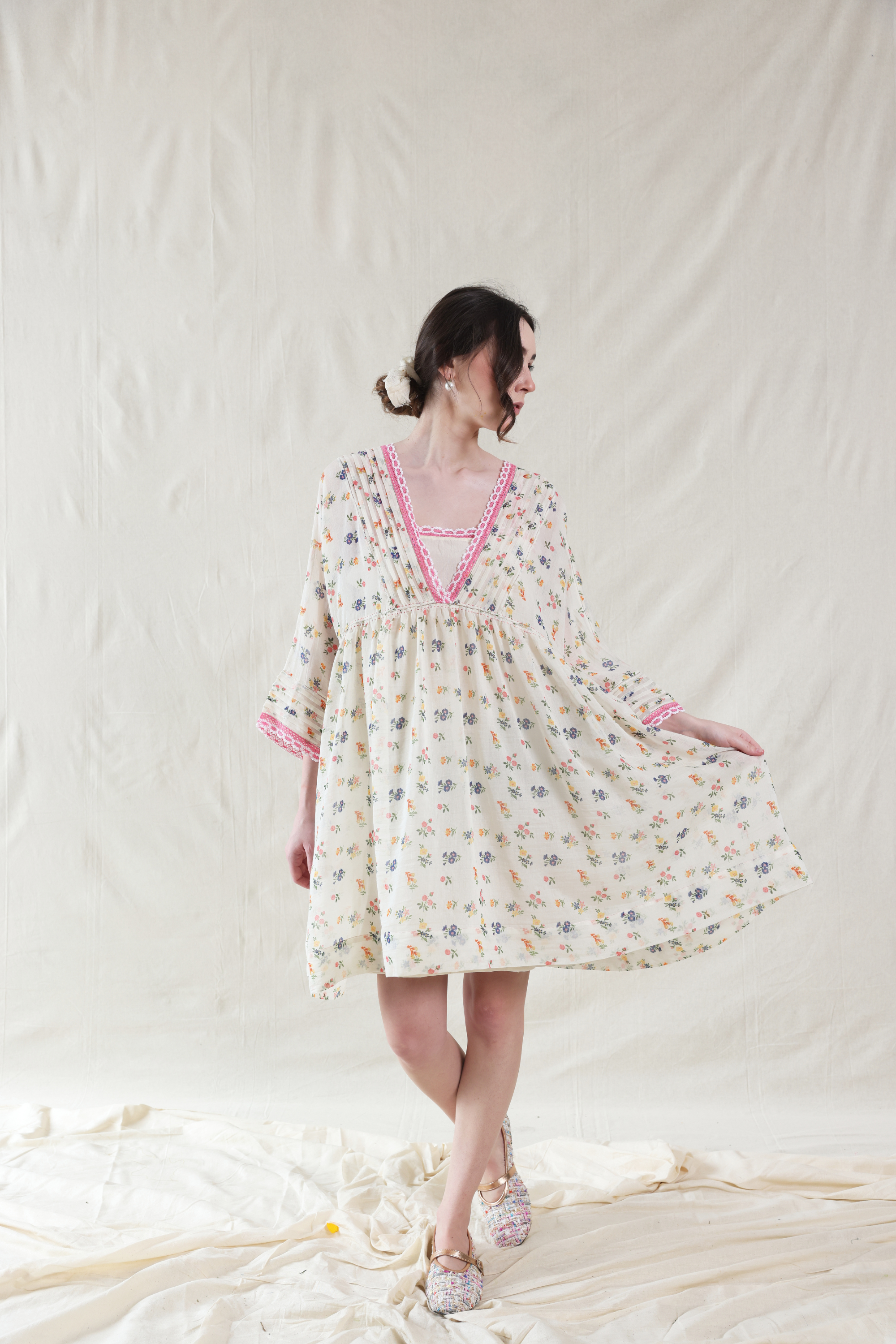 Pink Silk, Cotton V-neck Floral Handwoven Dress And Slip Set