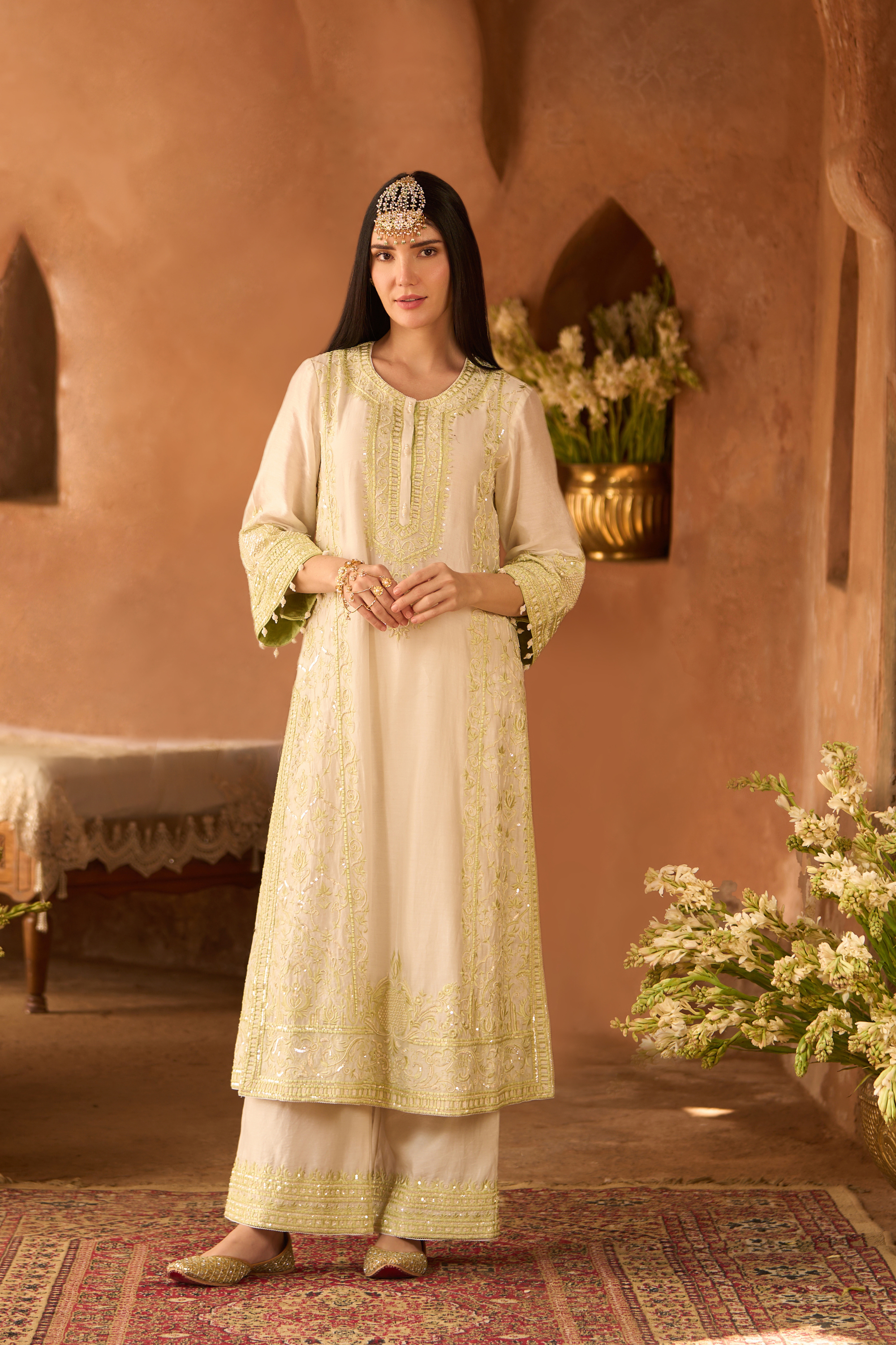 Ena - Ivory With Green Long A-line Kurta Set