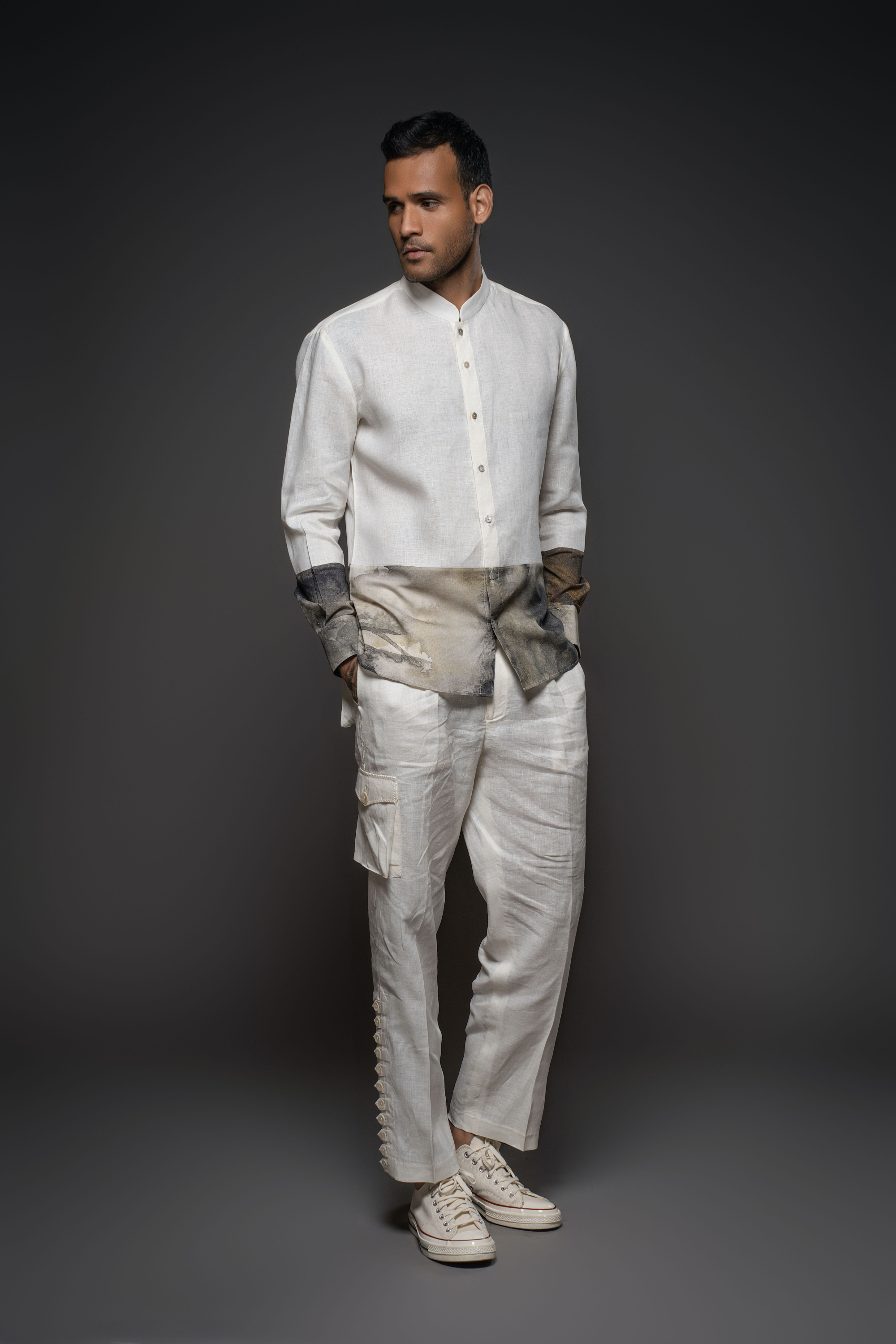 Linen Shirt With Printed Voil Hem