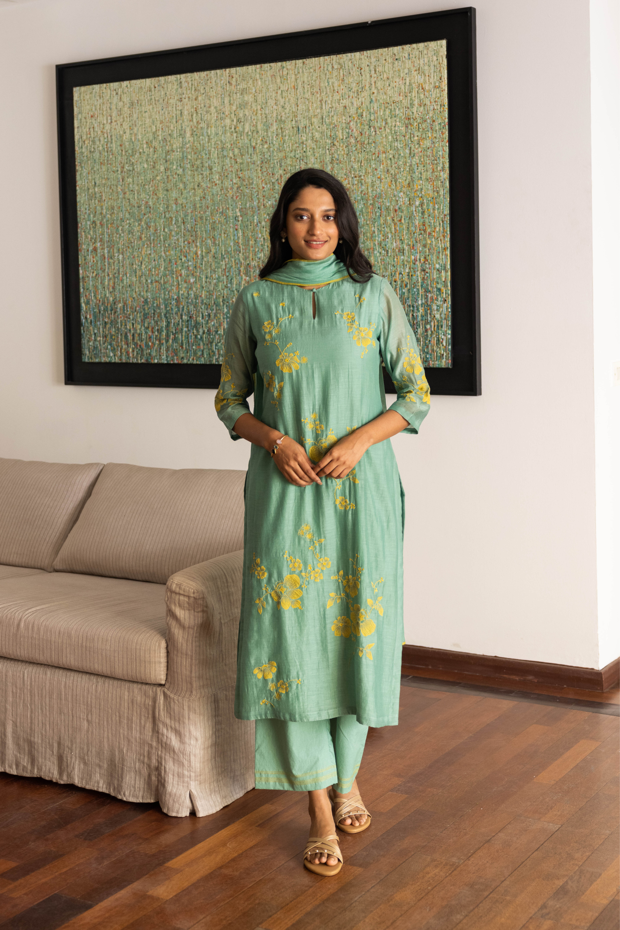 Mint Floral Applique Kurta Set