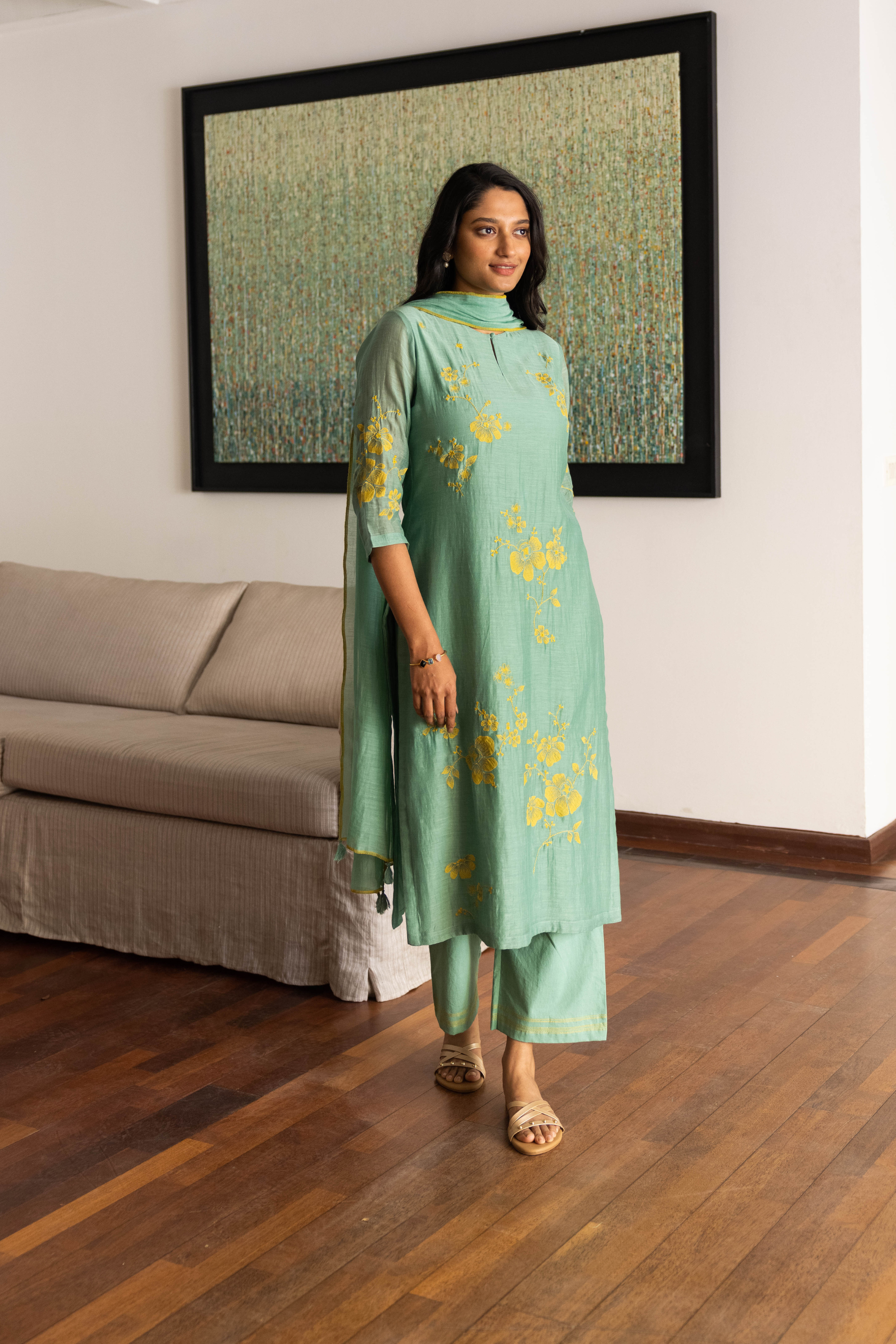 Mint Floral Applique Kurta Set