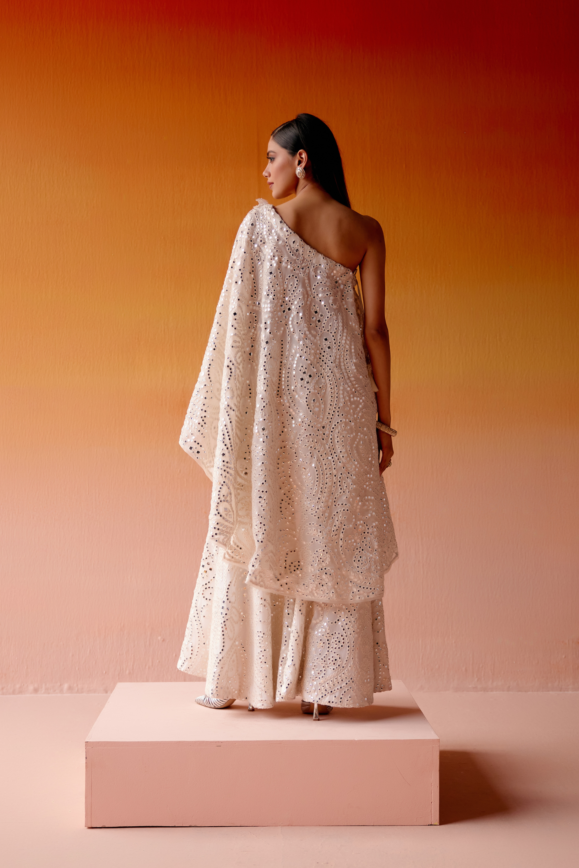 Mirrorwork One Shoulder Floral Cape
