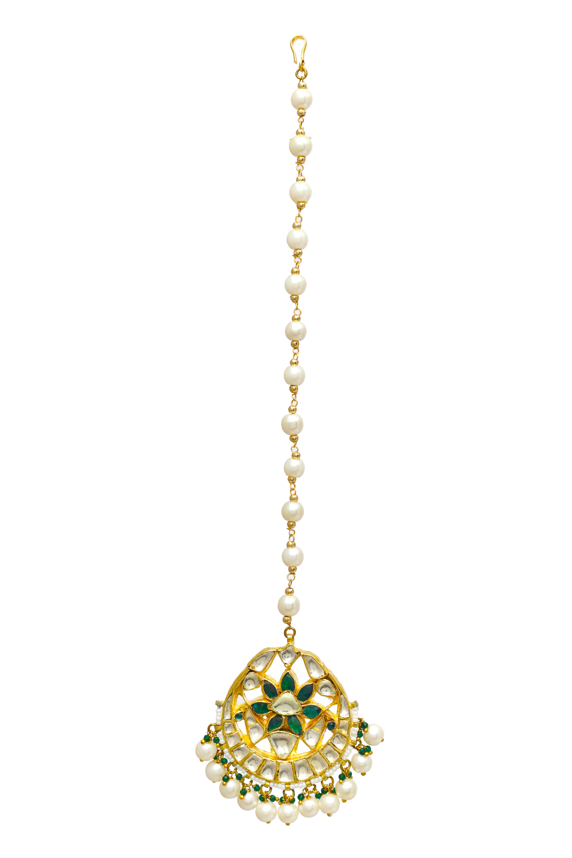 Green Gold Finish Jadau Tika With Pearls