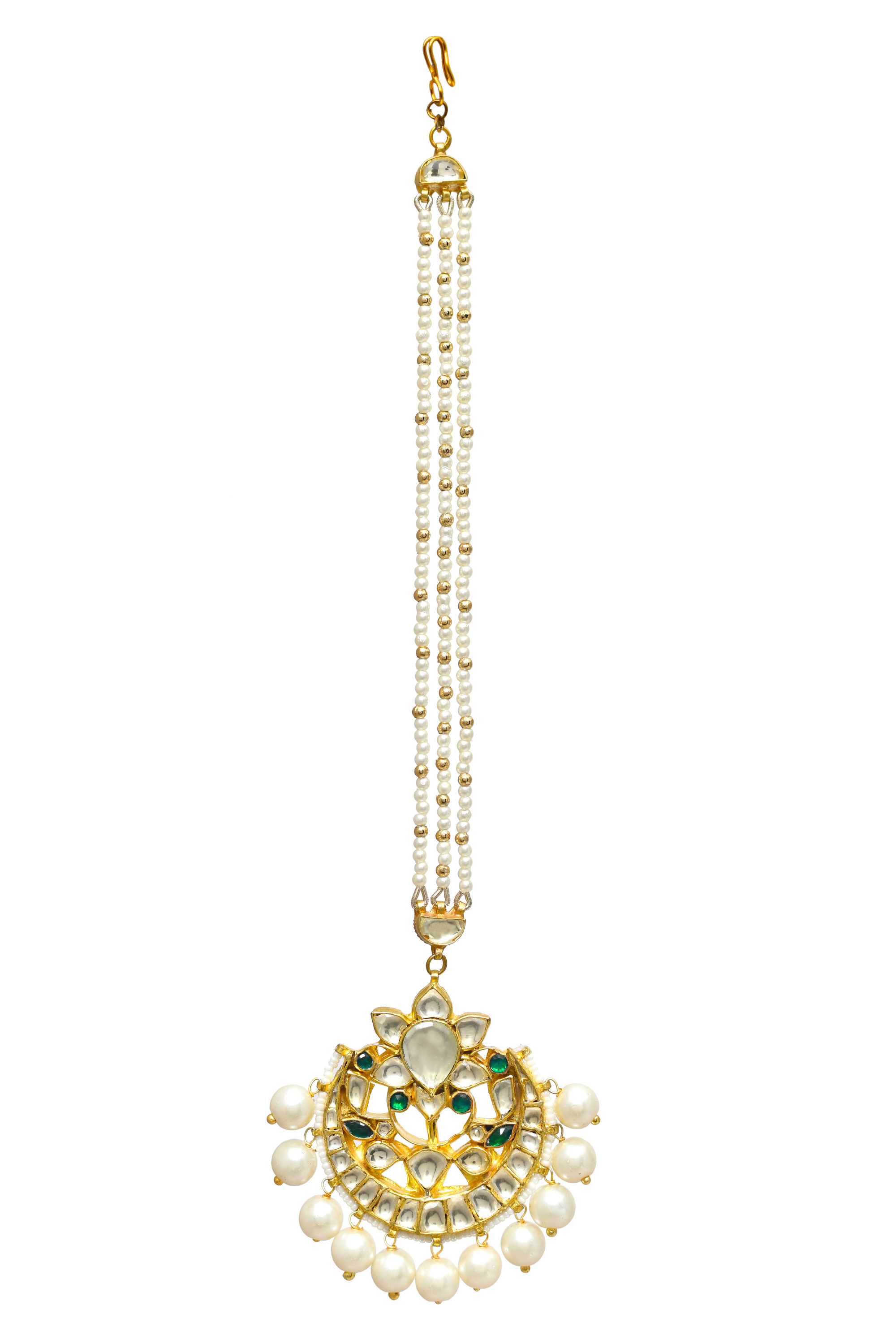 Green Gold Finish Jadau Tika With Pearls