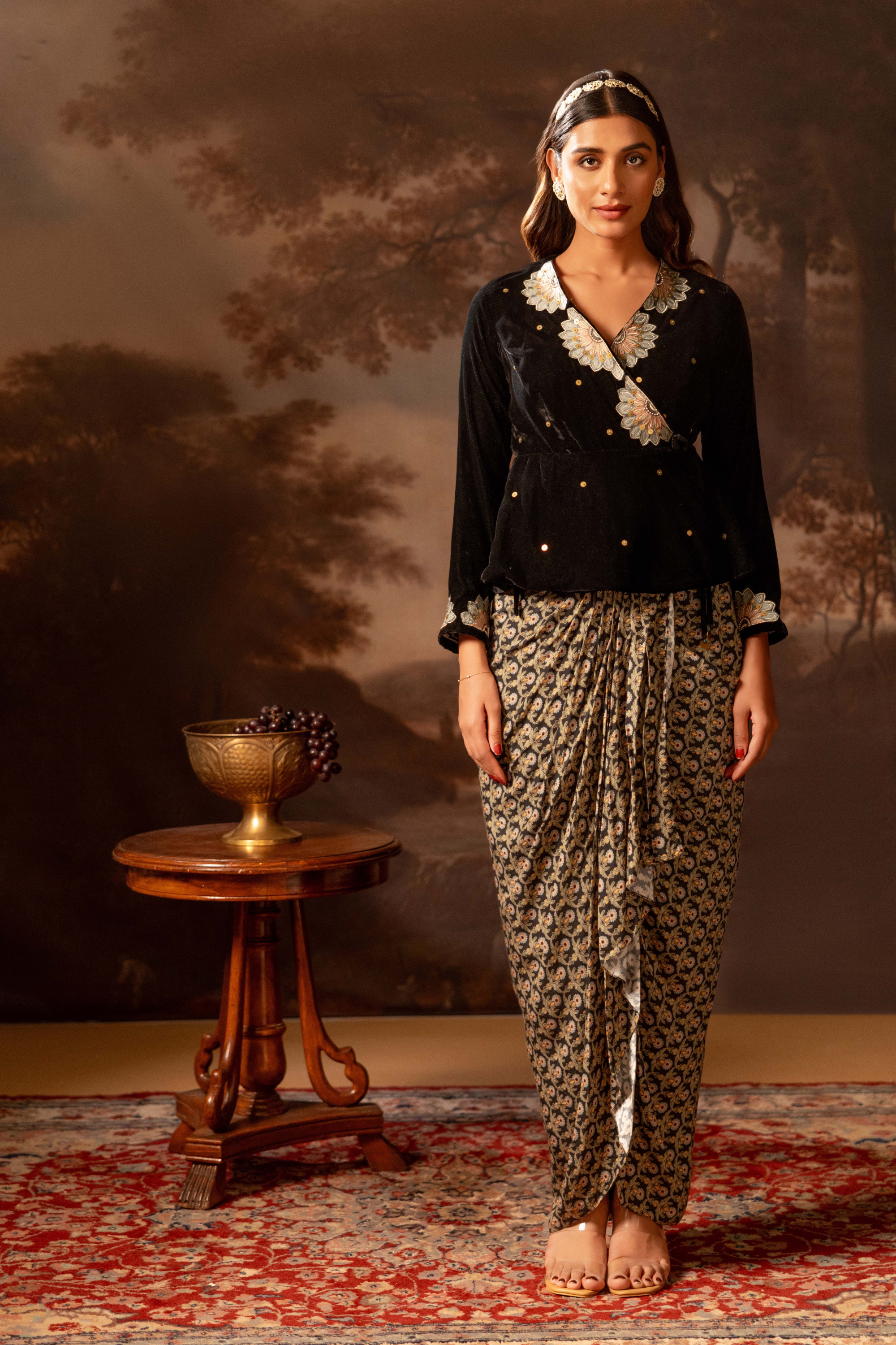 Eraya Embroidered Drape Skirt Set