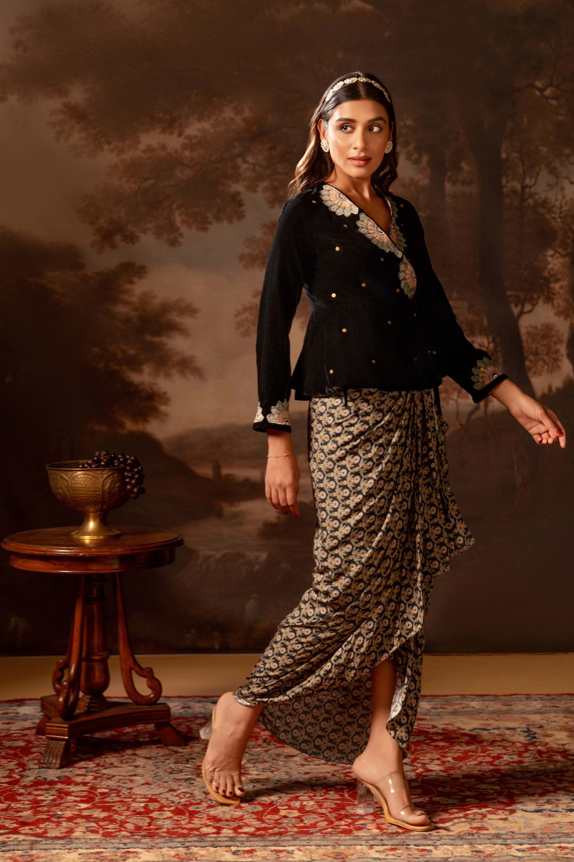 Eraya Embroidered Drape Skirt Set