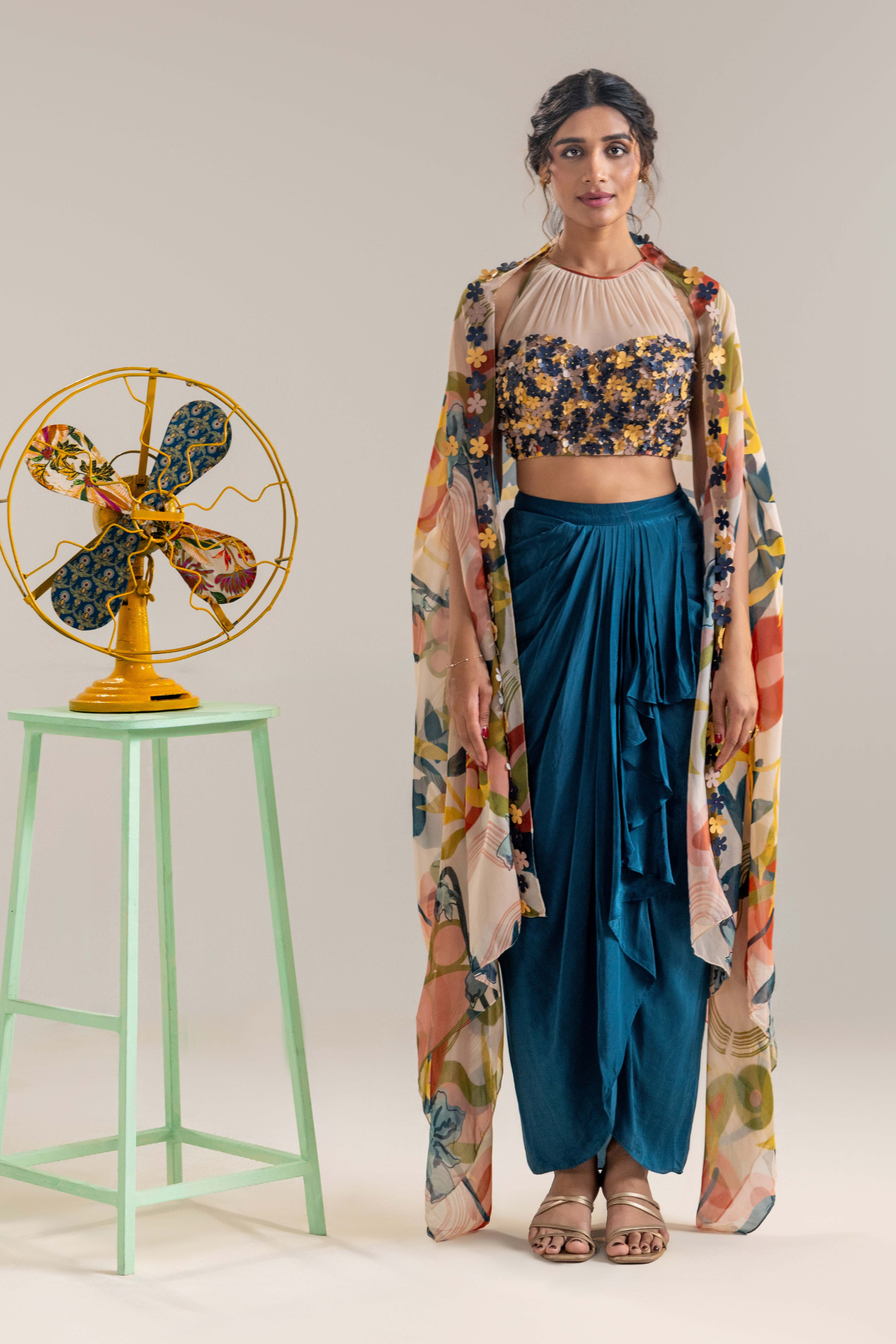 Flora Embroidered Drape Skirt Set With A Cape