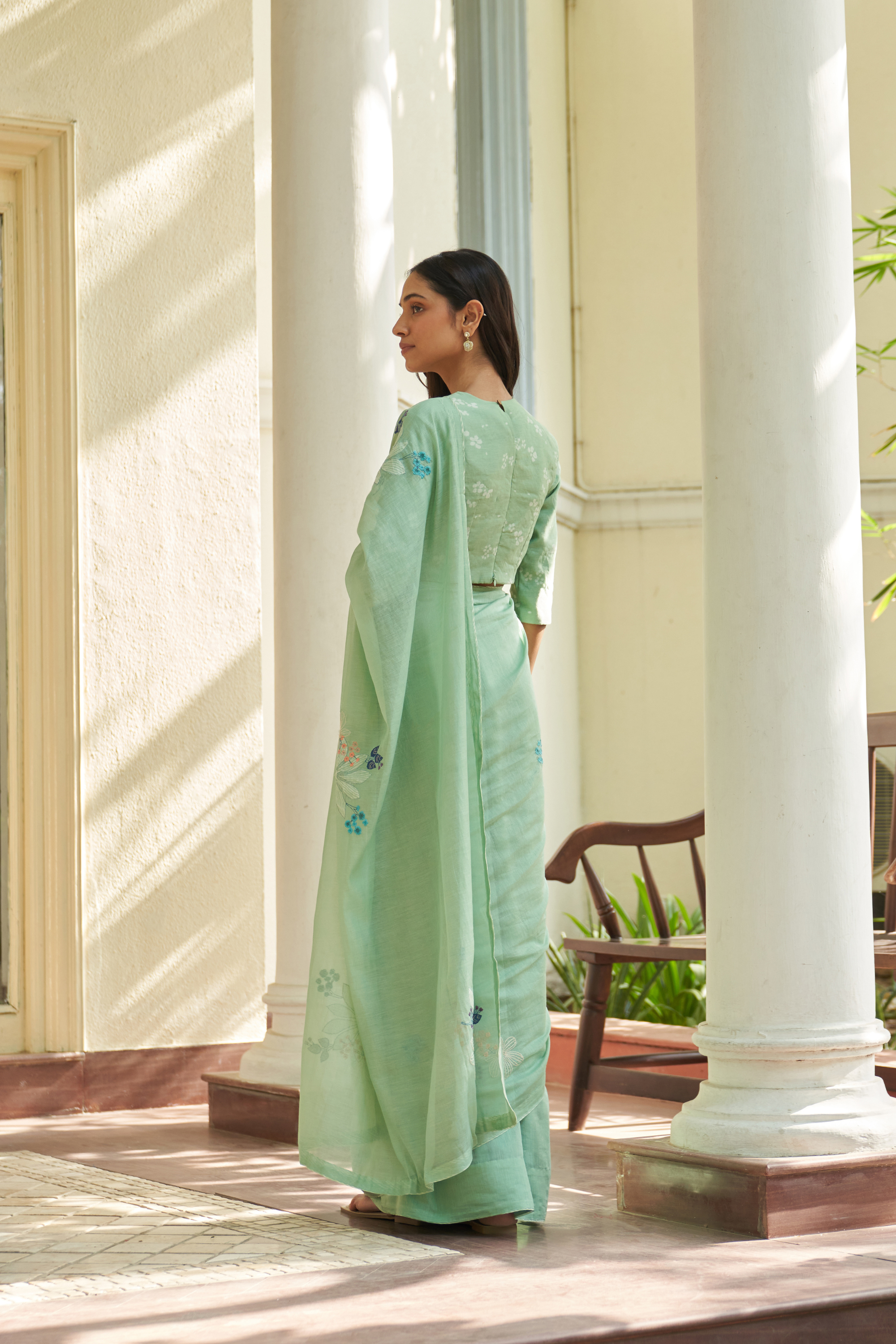 Mint Floral Threadwork Sare