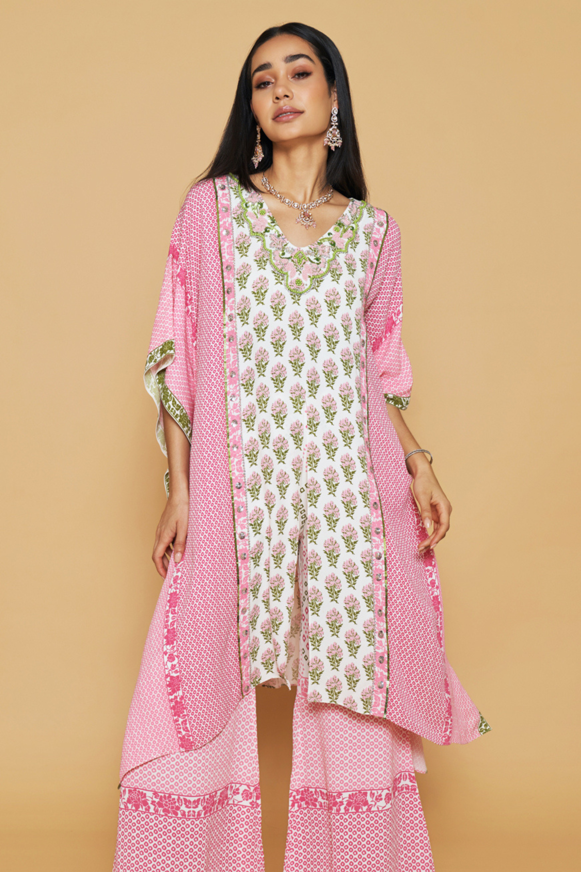Pink And Green Kaftan With Bell Pants