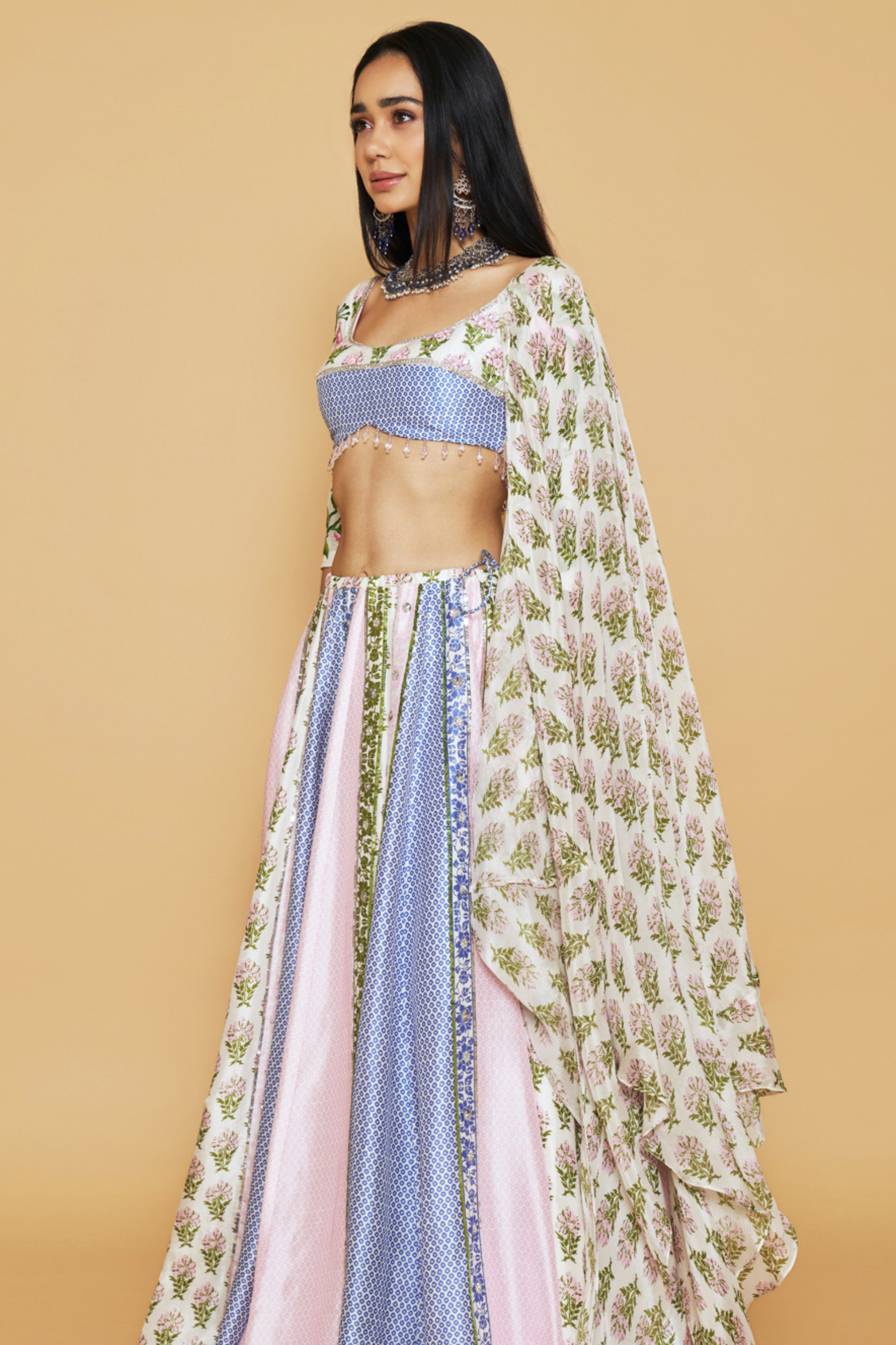 Pink, Blue & Ivory Floral Printed Lehenga Set