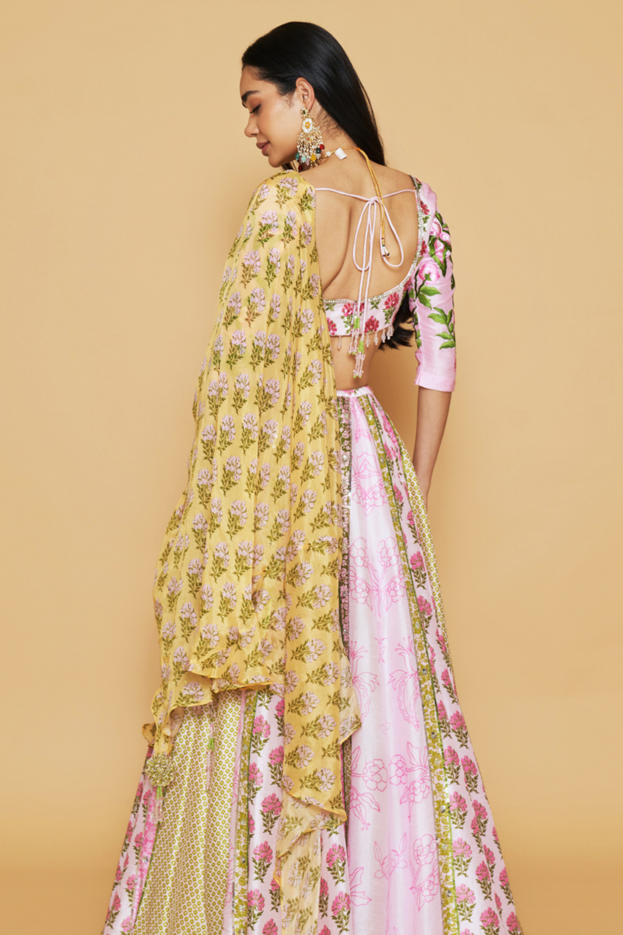 Pink, Yellow & Green Floral Printed Lehenga Set