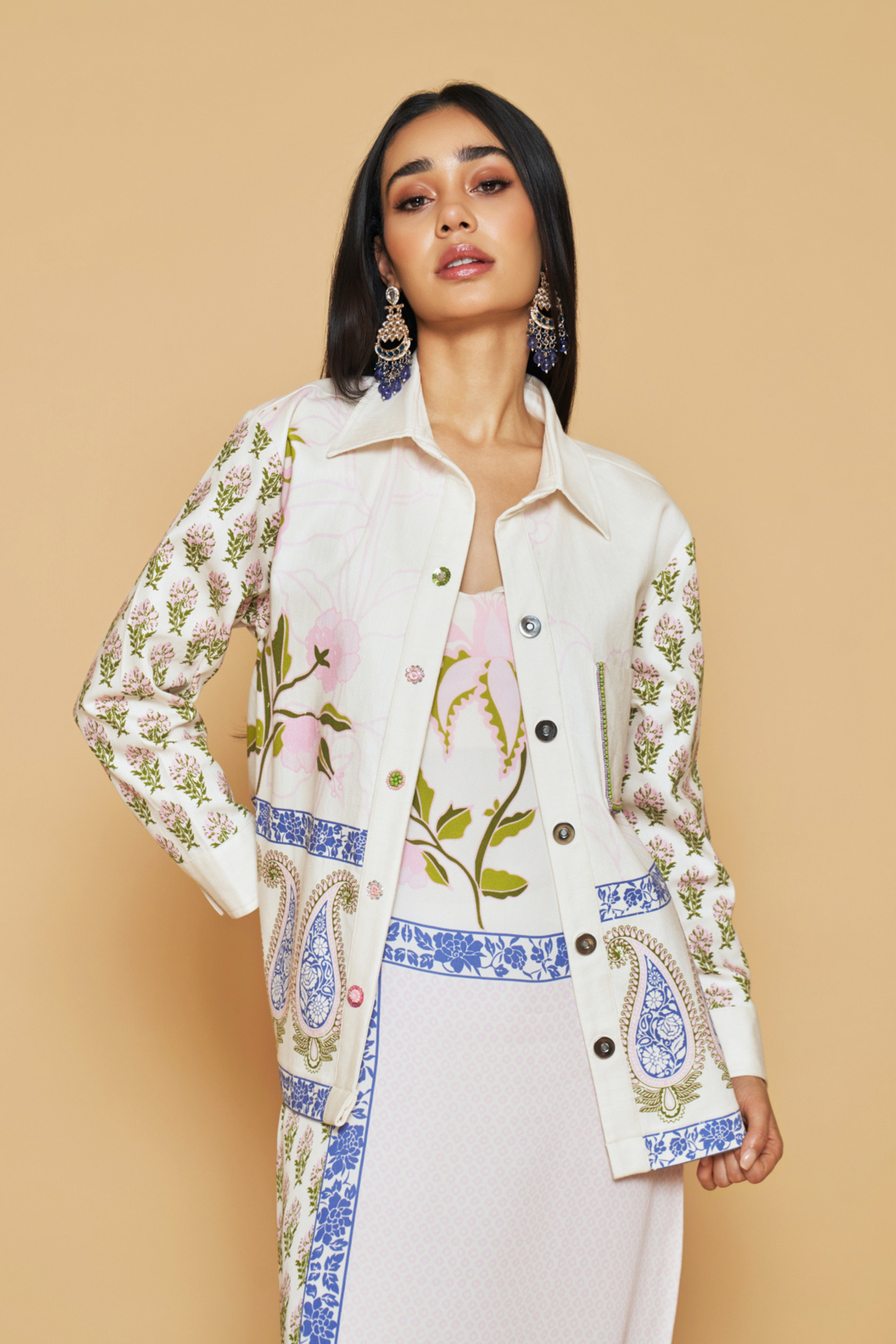 Ivory & Blue Floral Printed Jacket