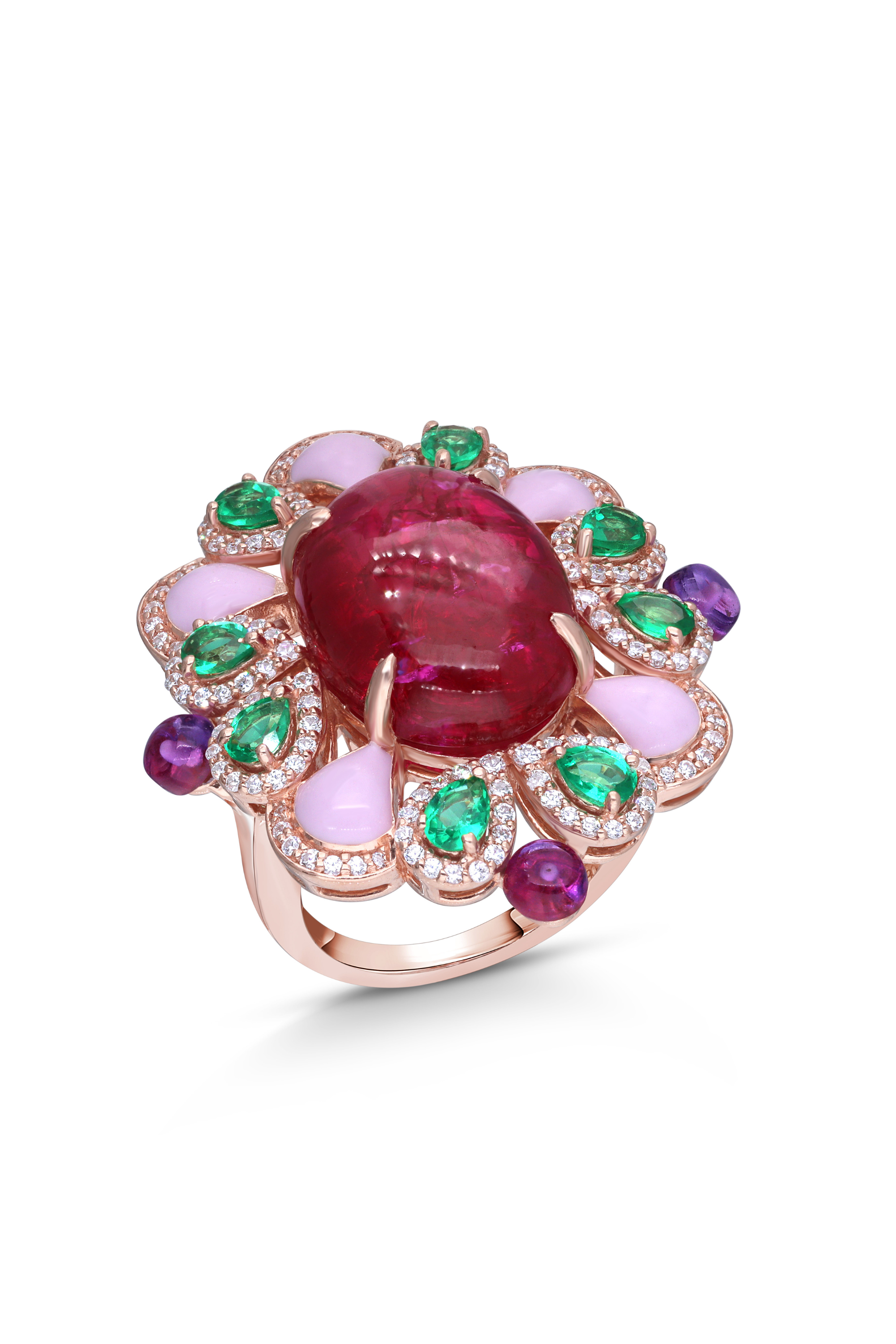 Rose Gold Earrings with Green Topaz, Amethyst, Rubies & Pink Enamel
