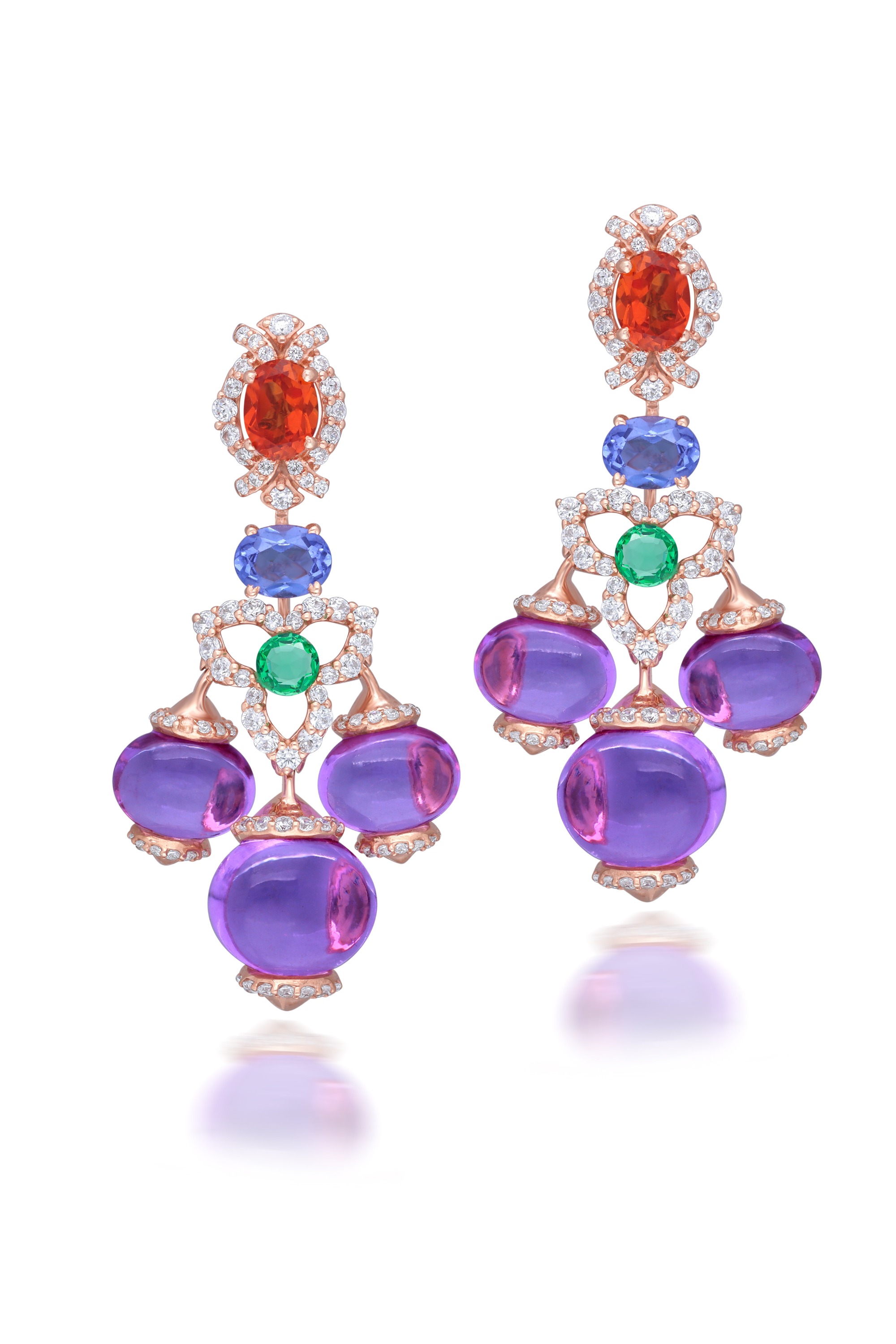 Rose Gold Plated Bridal Earrings with Swarovski Zirconia, Amethyst & Emerald Accents