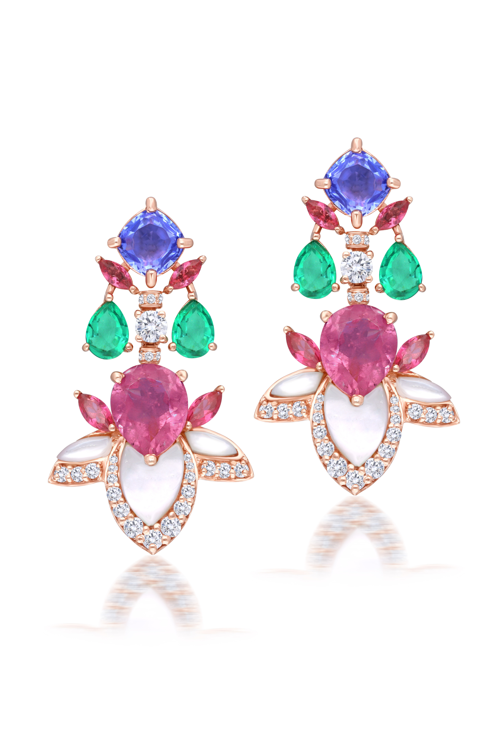 Bridal Earrings with Tanzanite, Green Topaz & Ruby Detailing in Rose Gold