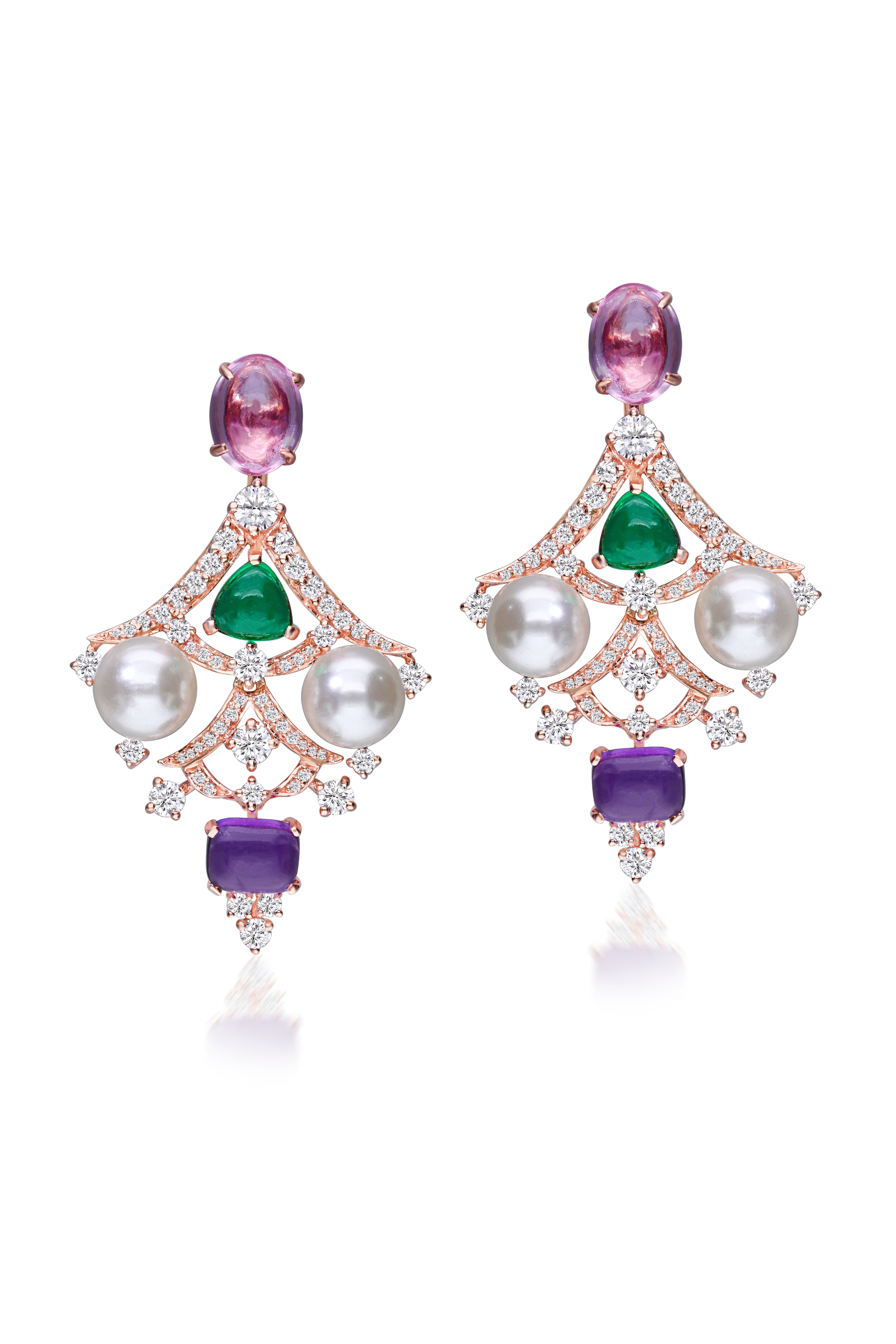 Rose Gold Plated Bridal Earrings with Swarovski Zirconia, Hydro Green, Amethyst & Multicolor Cabochon Accents