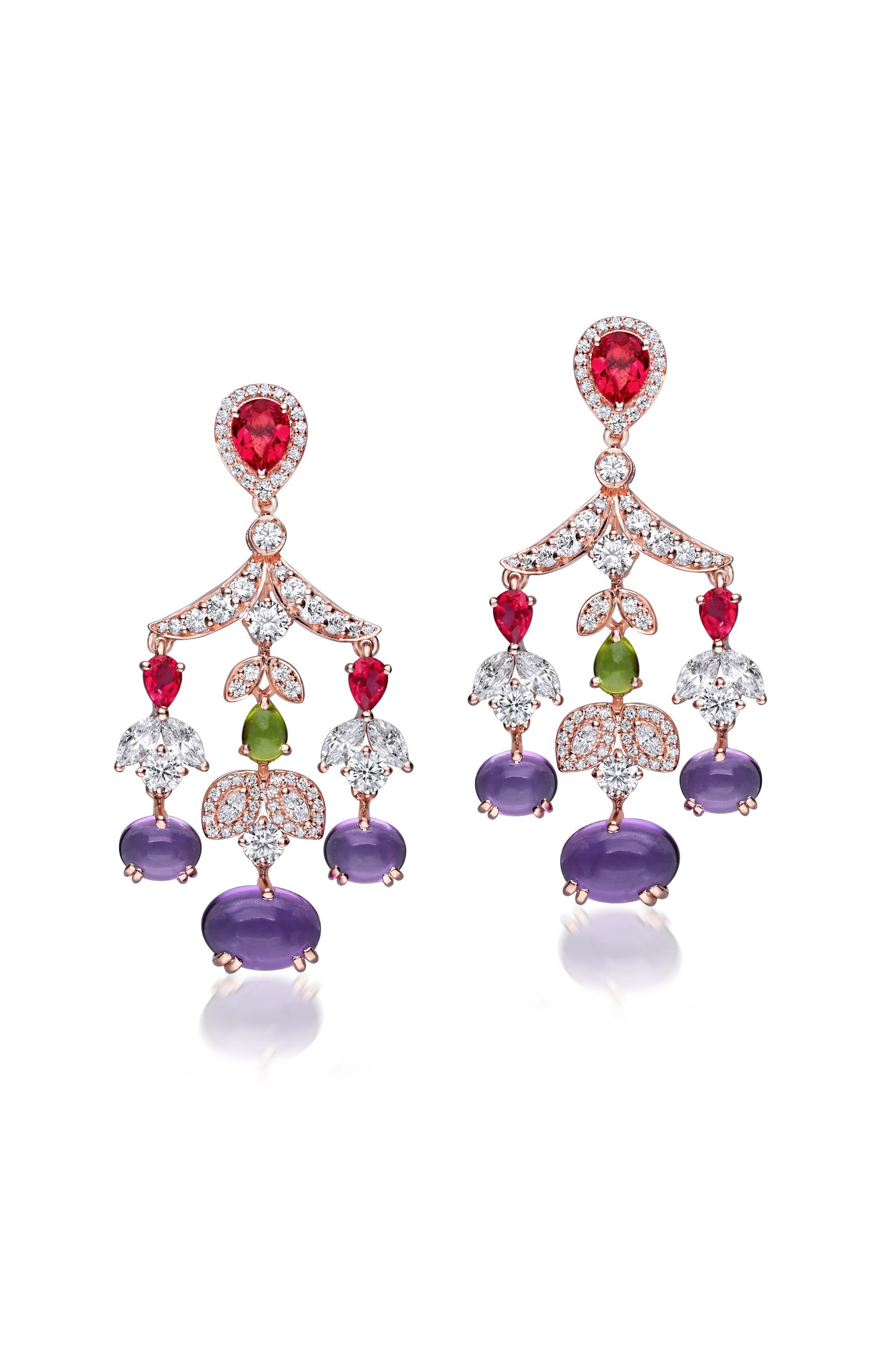 Earrings in White Zirconia with Amethyst, Emerald & Ruby Accents