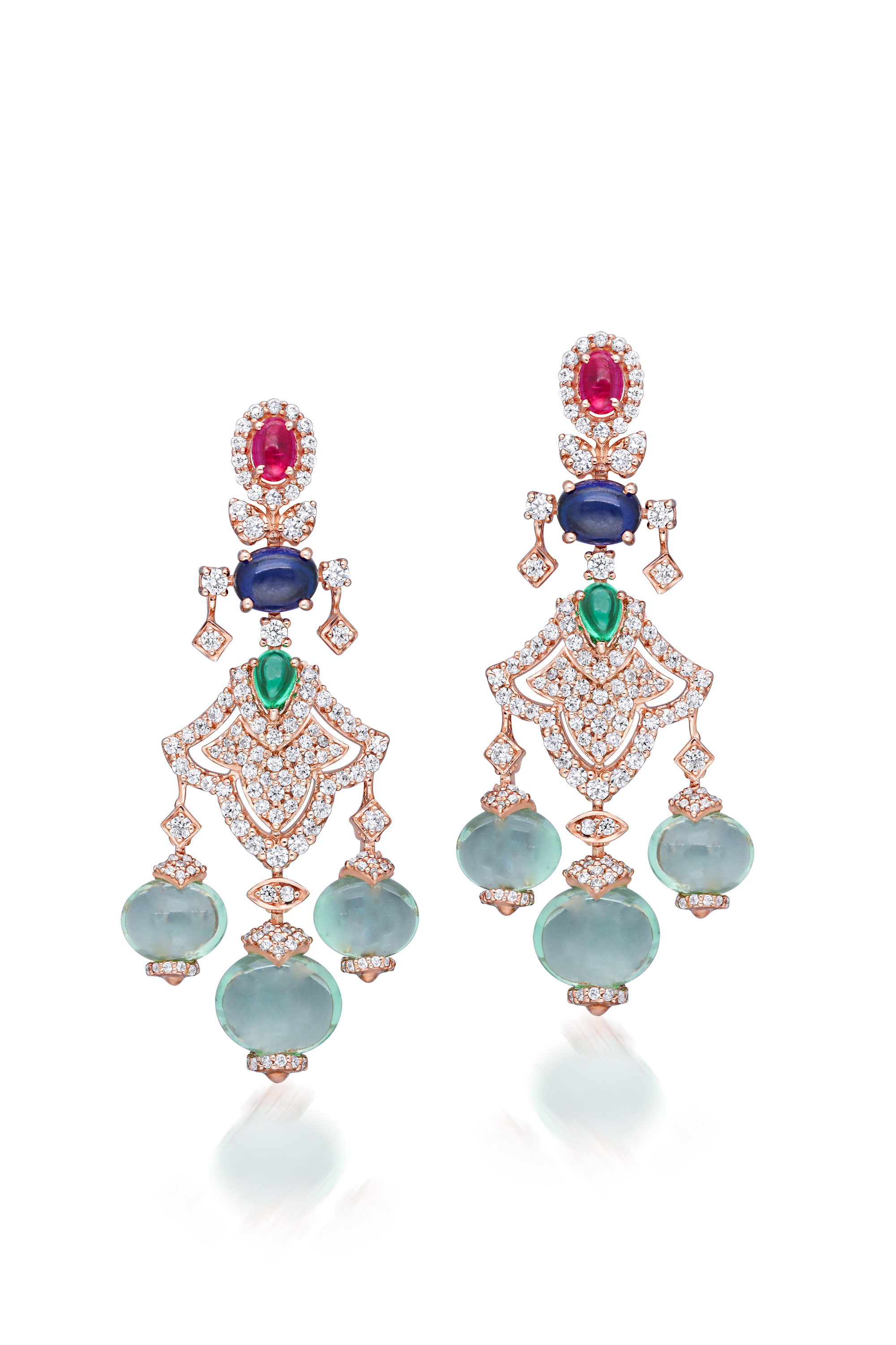 Bridal Drop Earrings in White Zirconia with Tanzanite, Hydro Green & Rubies