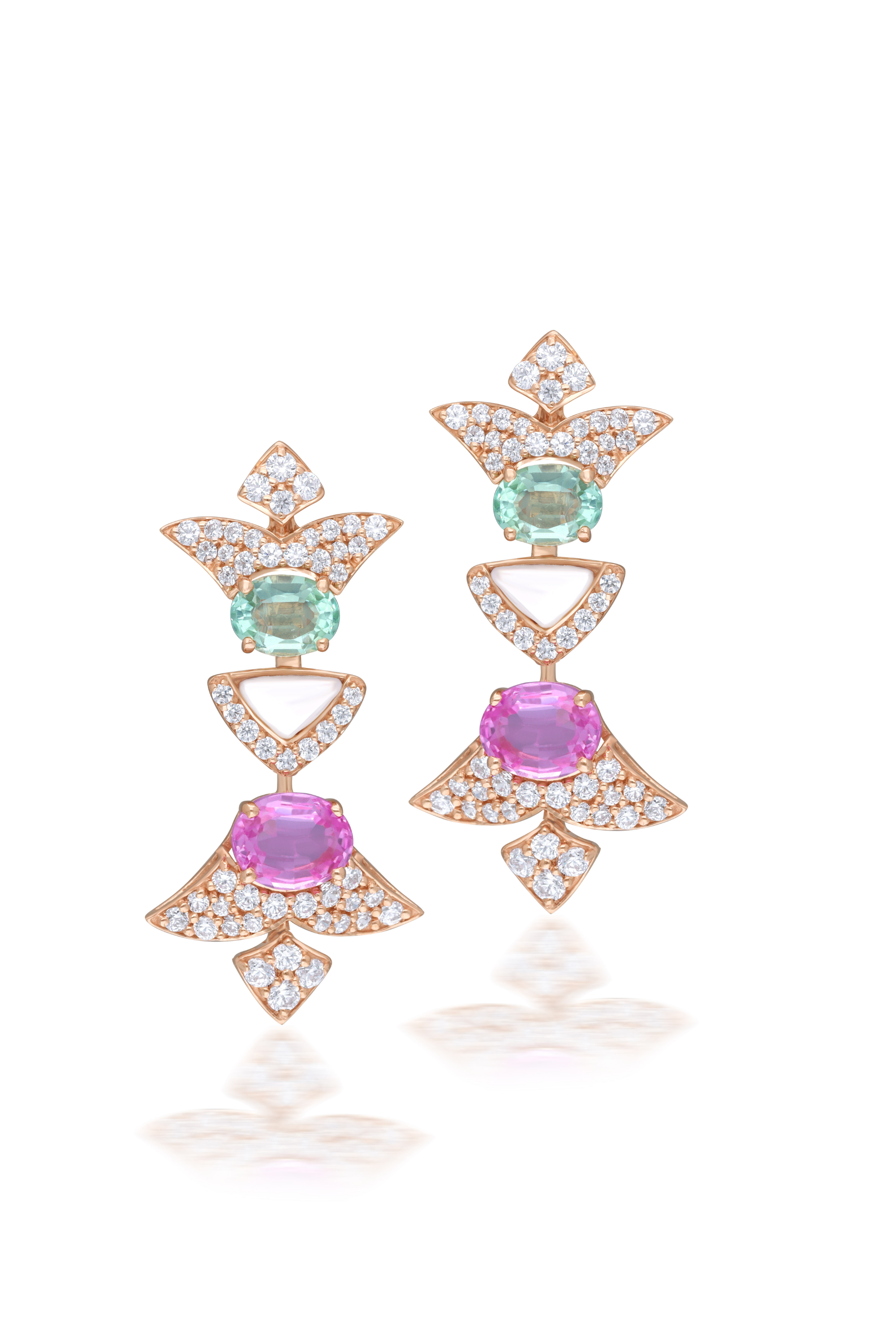 Bridal Earrings with Green Topaz, Sapphire & Pink Stone Detailing in Rose Gold