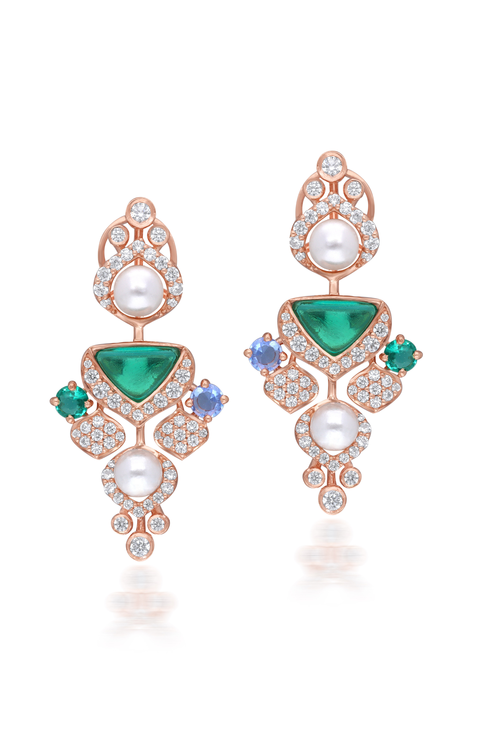 Green Topaz & Pearl Bridal Earrings in Rose Gold Finish