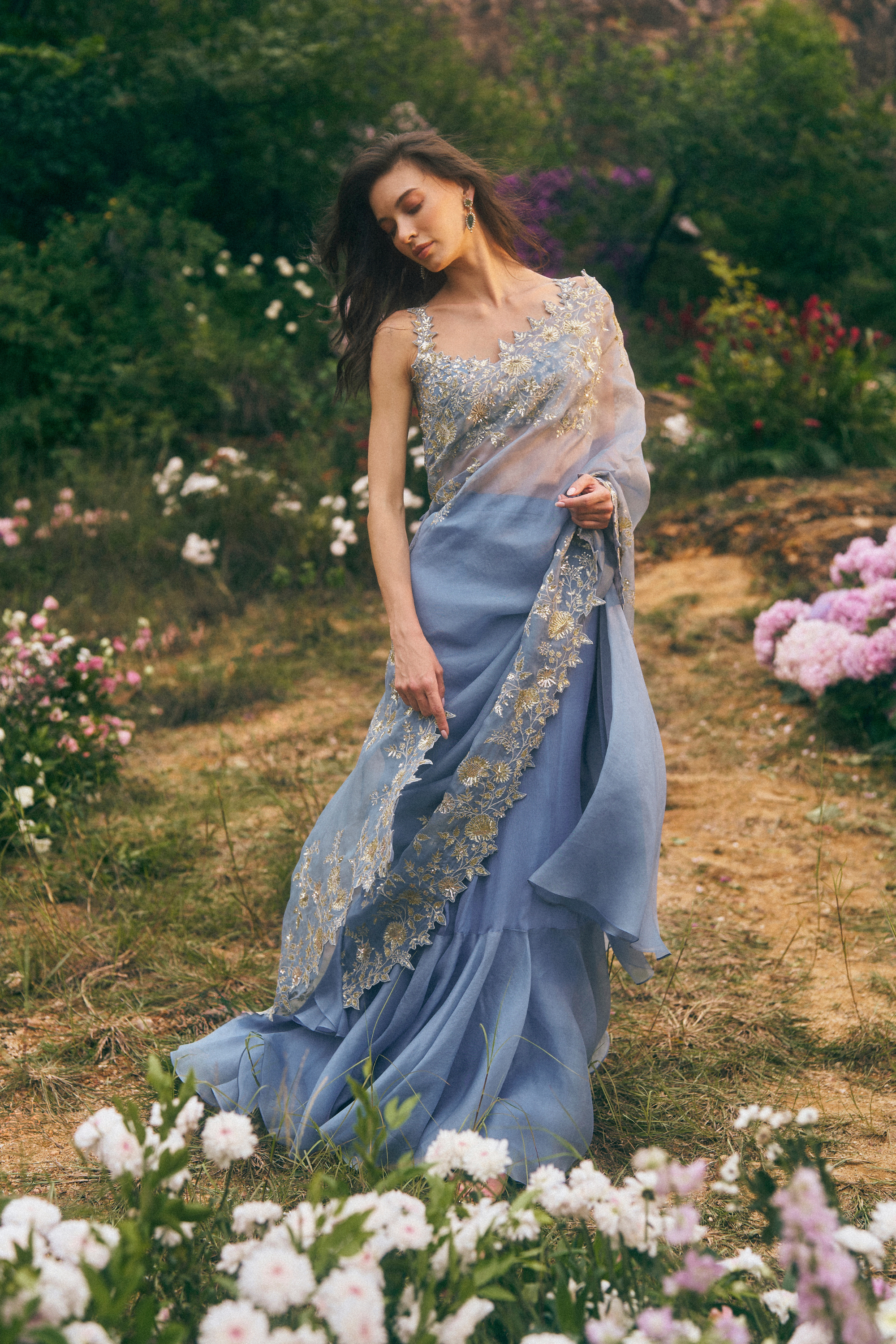 Zari Cutwork Ruffle Saree Set